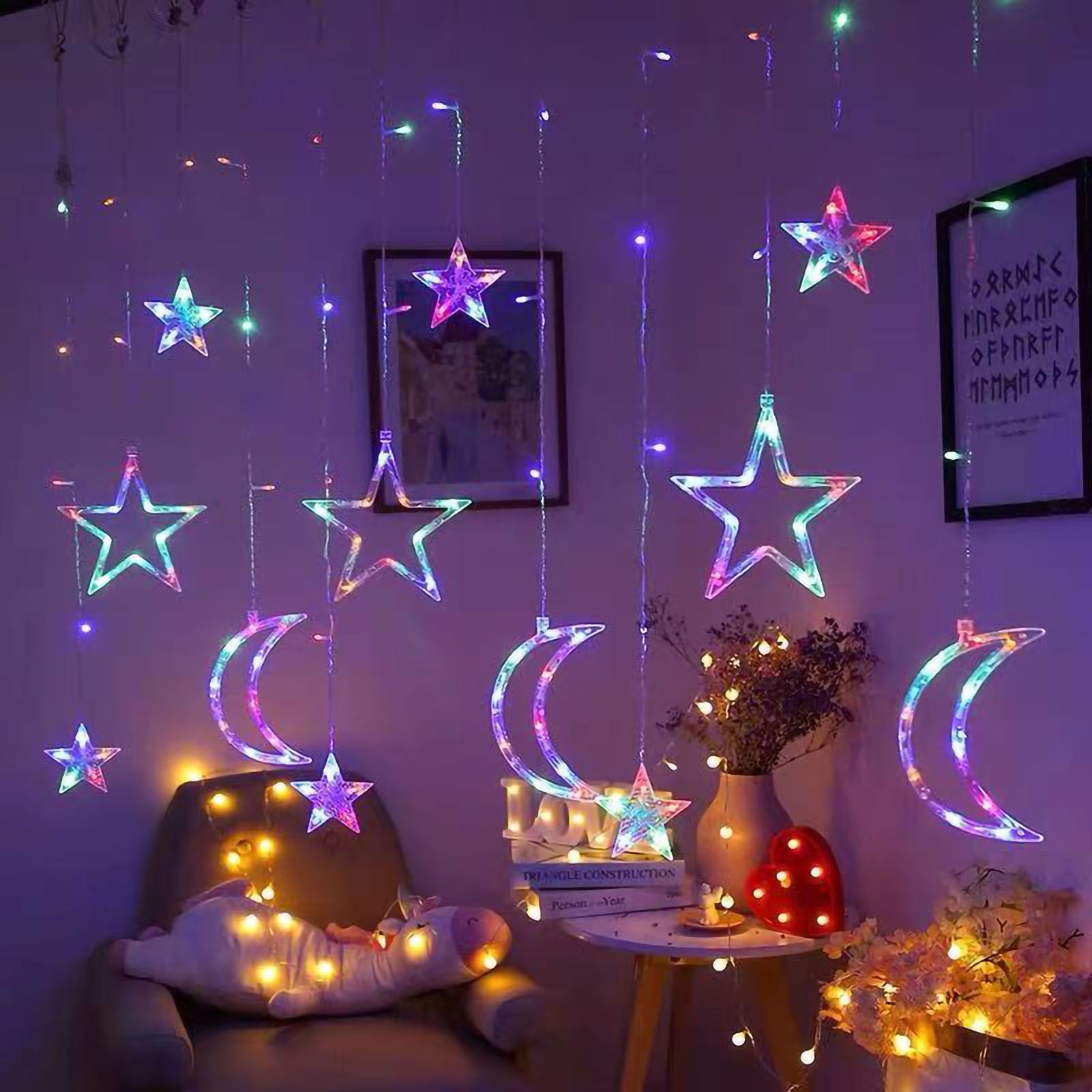 Star Moon Curtain String Lights LED Lamp Add Romantic Ambience Window Curtain