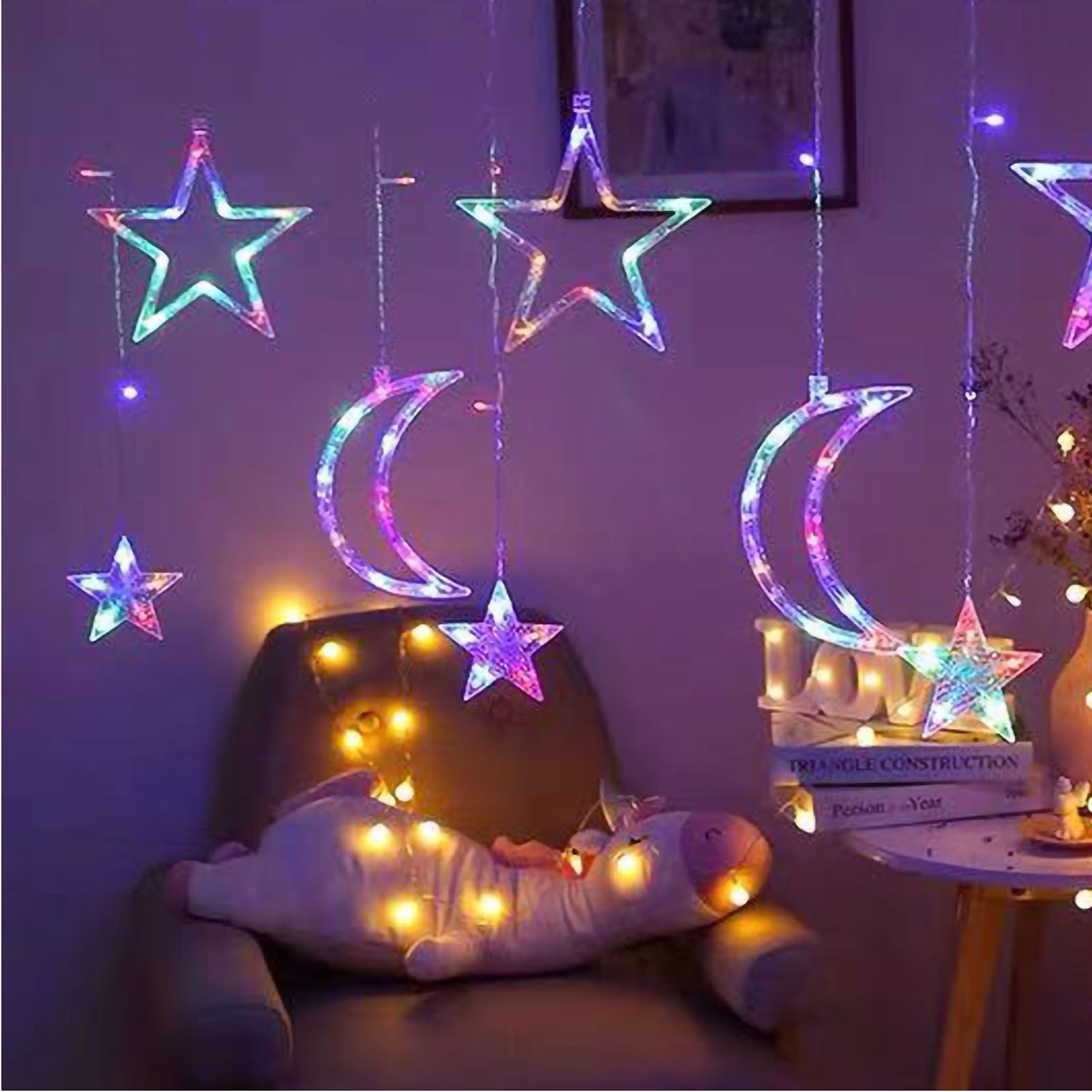 Star Moon Curtain String Lights LED Lamp Add Romantic Ambience Window Curtain view 2