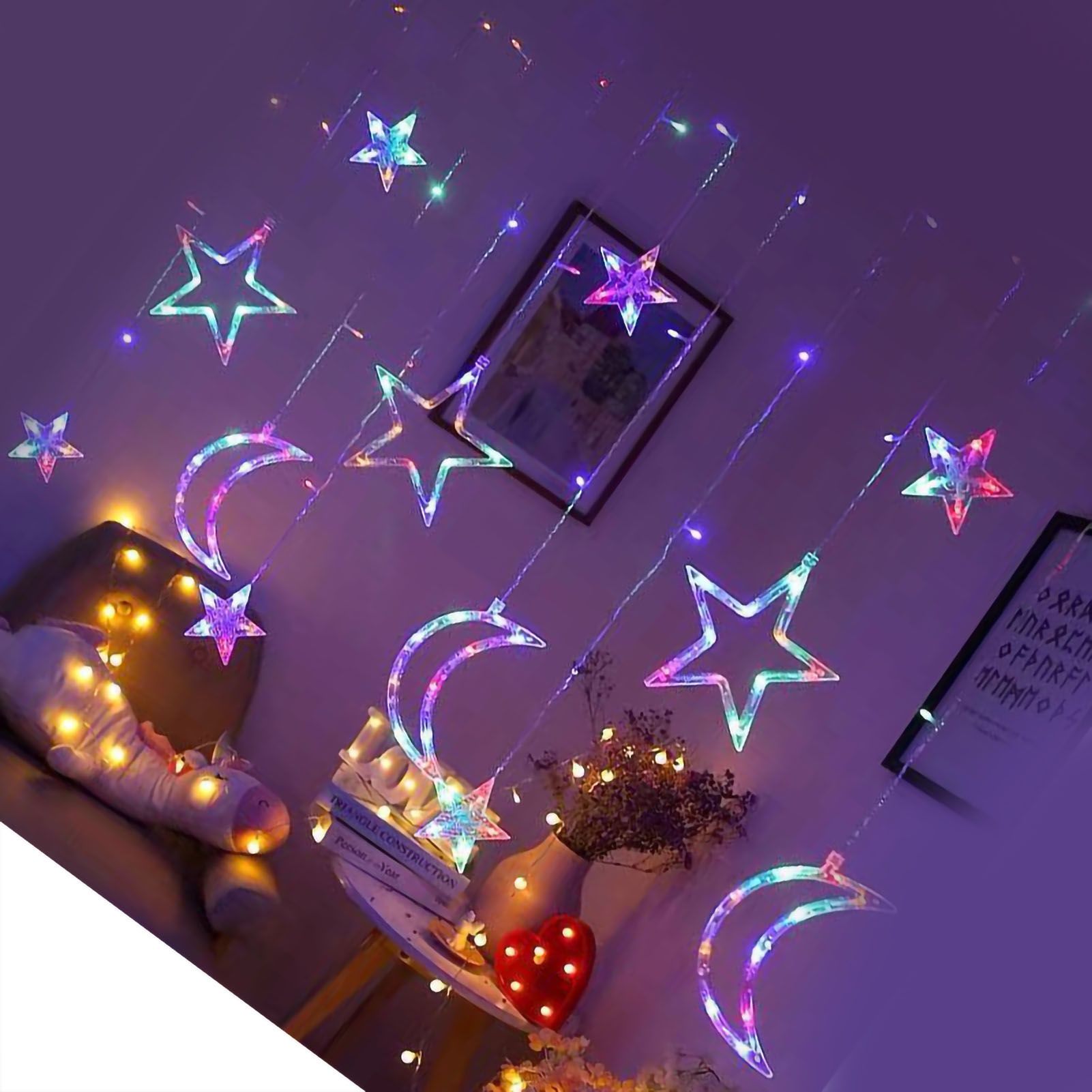 Star Moon Curtain String Lights LED Lamp Add Romantic Ambience Window Curtain view 4