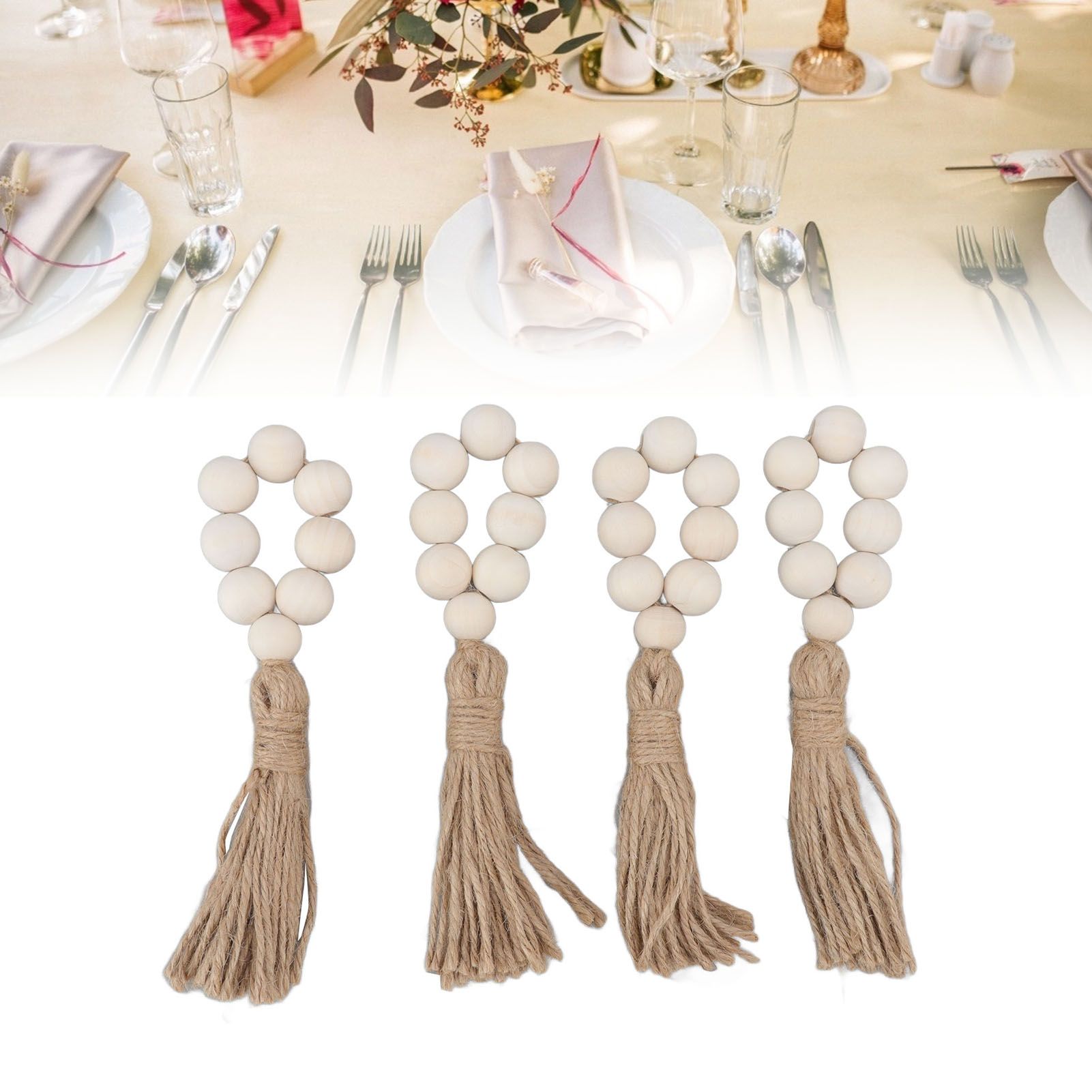 Napkin Ring Decorative Elegant Wood Beads Table Napkin Holder with Tassels for view 11