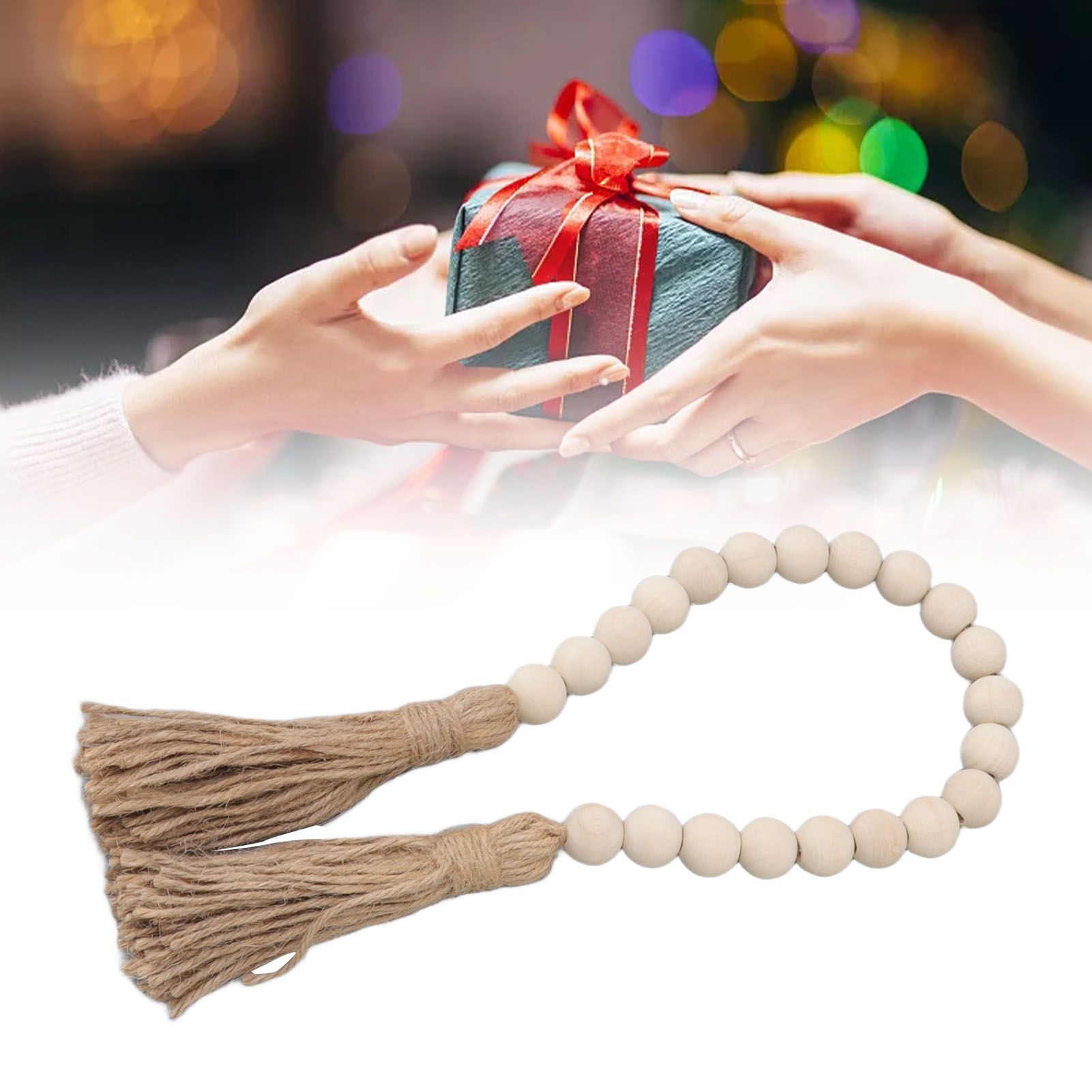 Natural Wood Bead Garland Hand Made Wall Hanging Bead Decoration with Tassels view 12