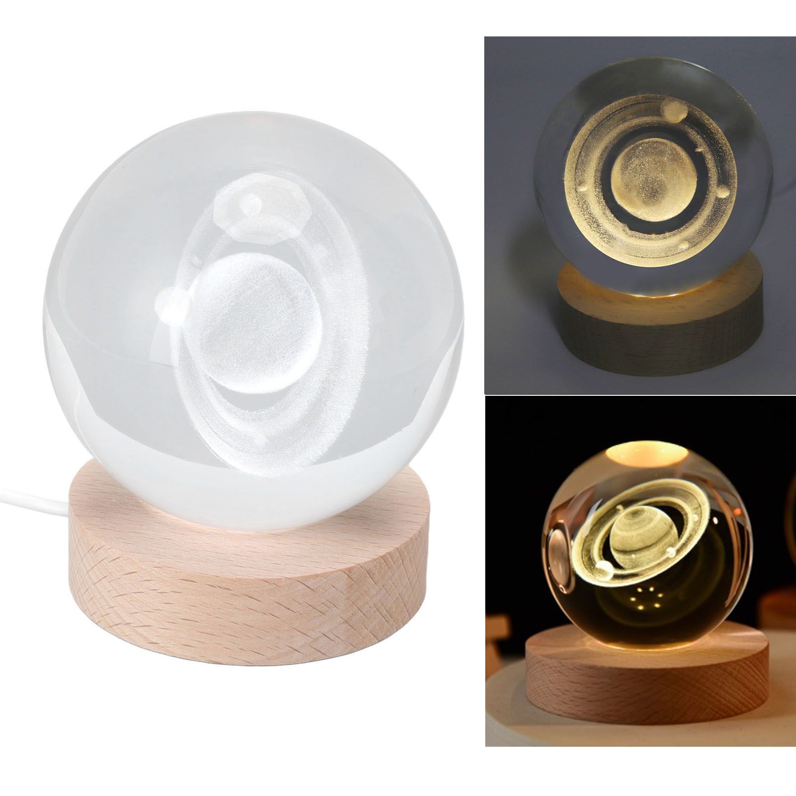 3D Saturn Night Lamp Crystal Ball Night Light LED Wooden Inter Carving view 11