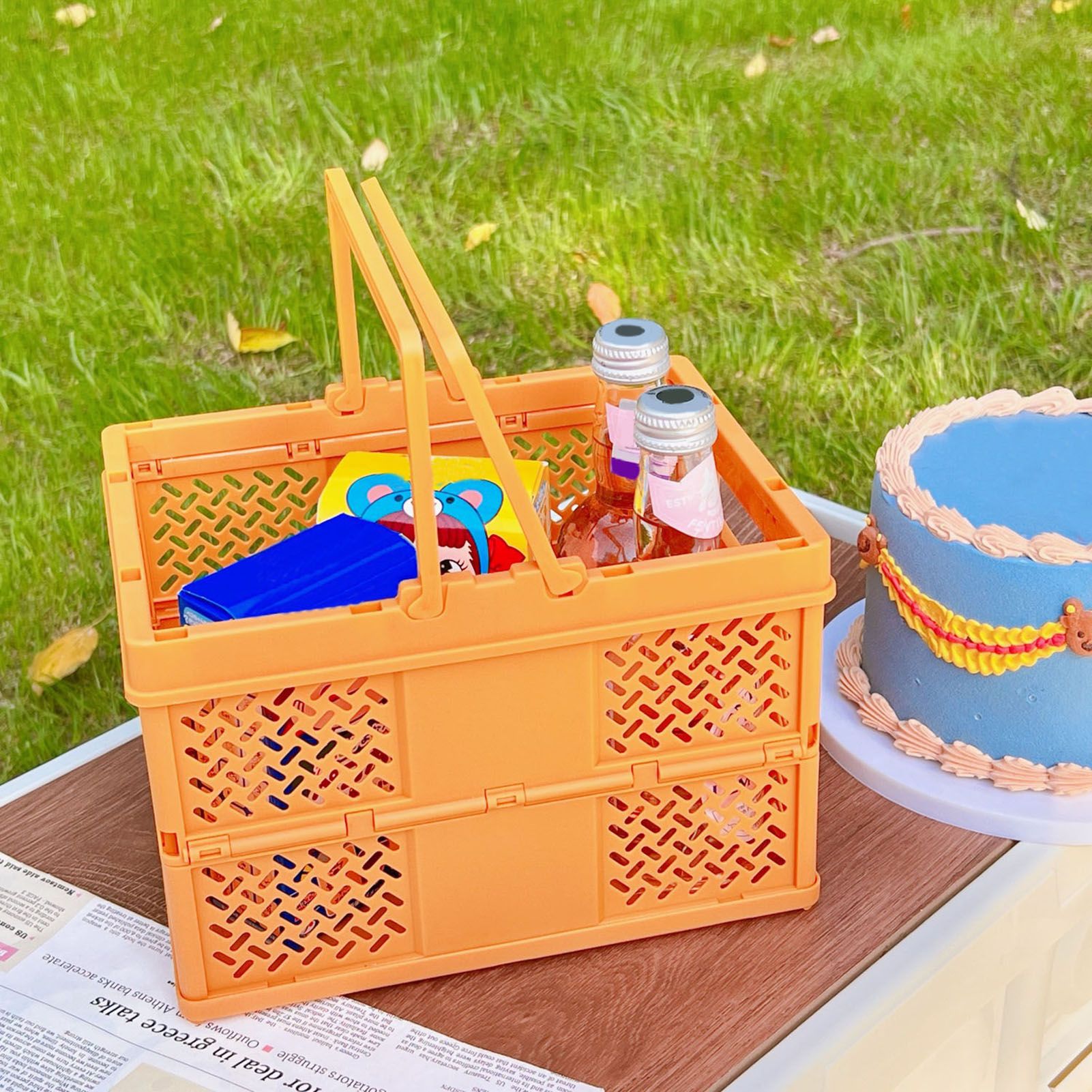 Folding Picnic Basket Stackable Storage Box Plastic Grocery Shopping Basket view 2