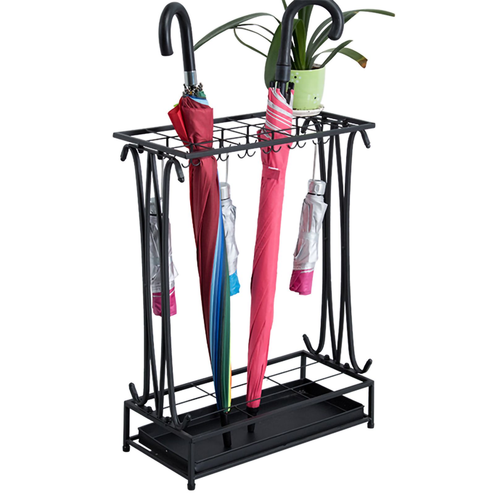 Umbrella Storage Rack Iron with Drip Tray 10 Holes 8 Hooks Umbrella Rack Stand view 10