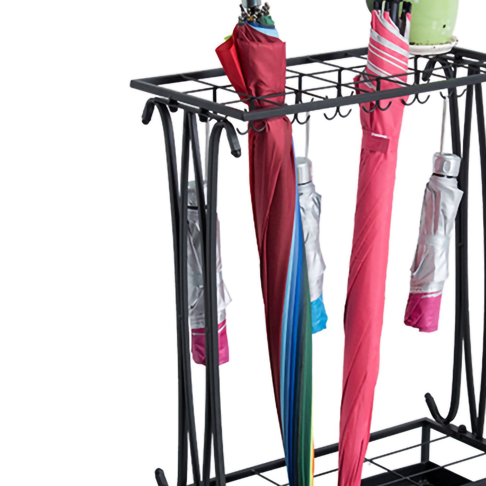 Umbrella Storage Rack Iron with Drip Tray 10 Holes 8 Hooks Umbrella Rack Stand view 12