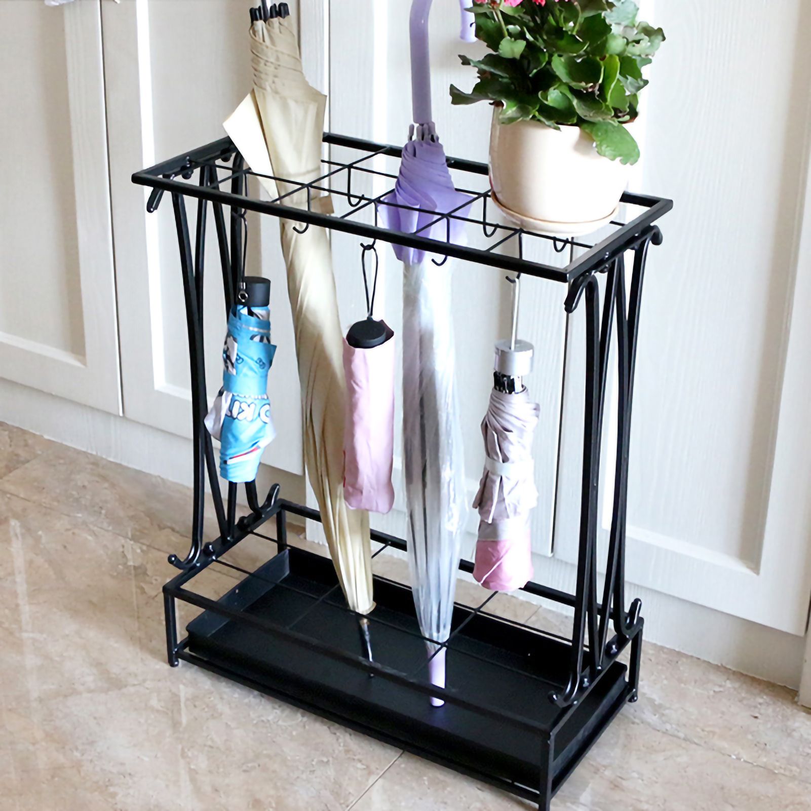 Umbrella Storage Rack Iron with Drip Tray 10 Holes 8 Hooks Umbrella Rack Stand view 13