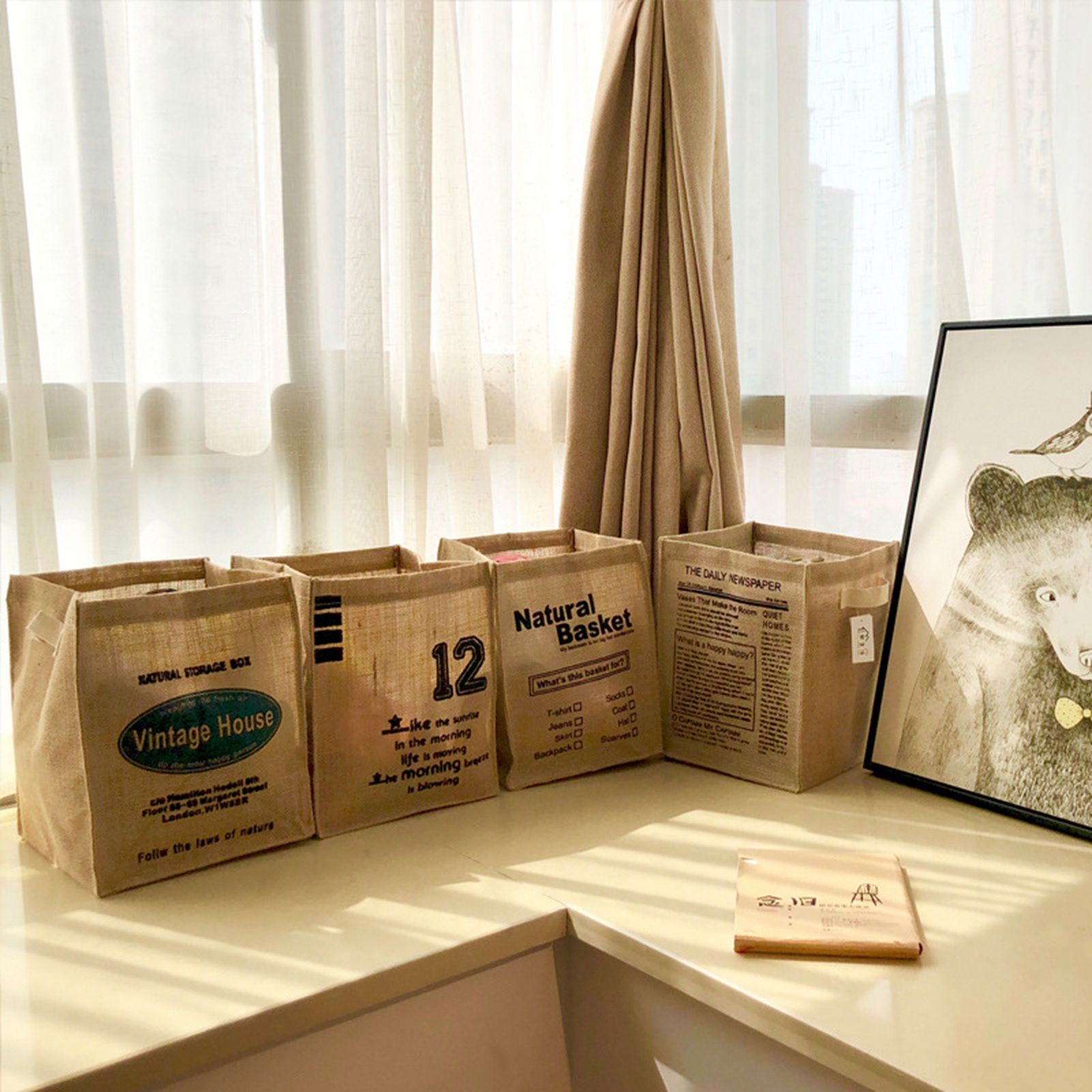 Jute Storage Box Foldable Waterproof Film Easy Cleaning Mild Texture Storage view 3