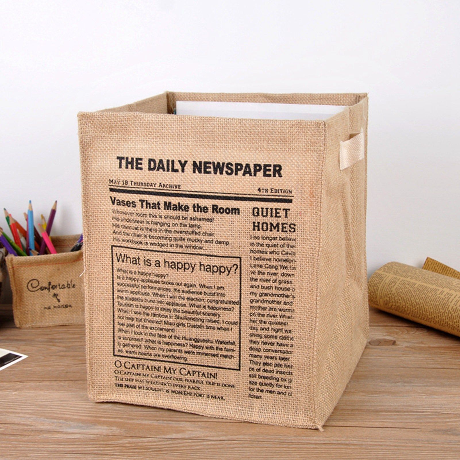 Jute Storage Box Foldable Waterproof Film Easy Cleaning Mild Texture Storage view 4