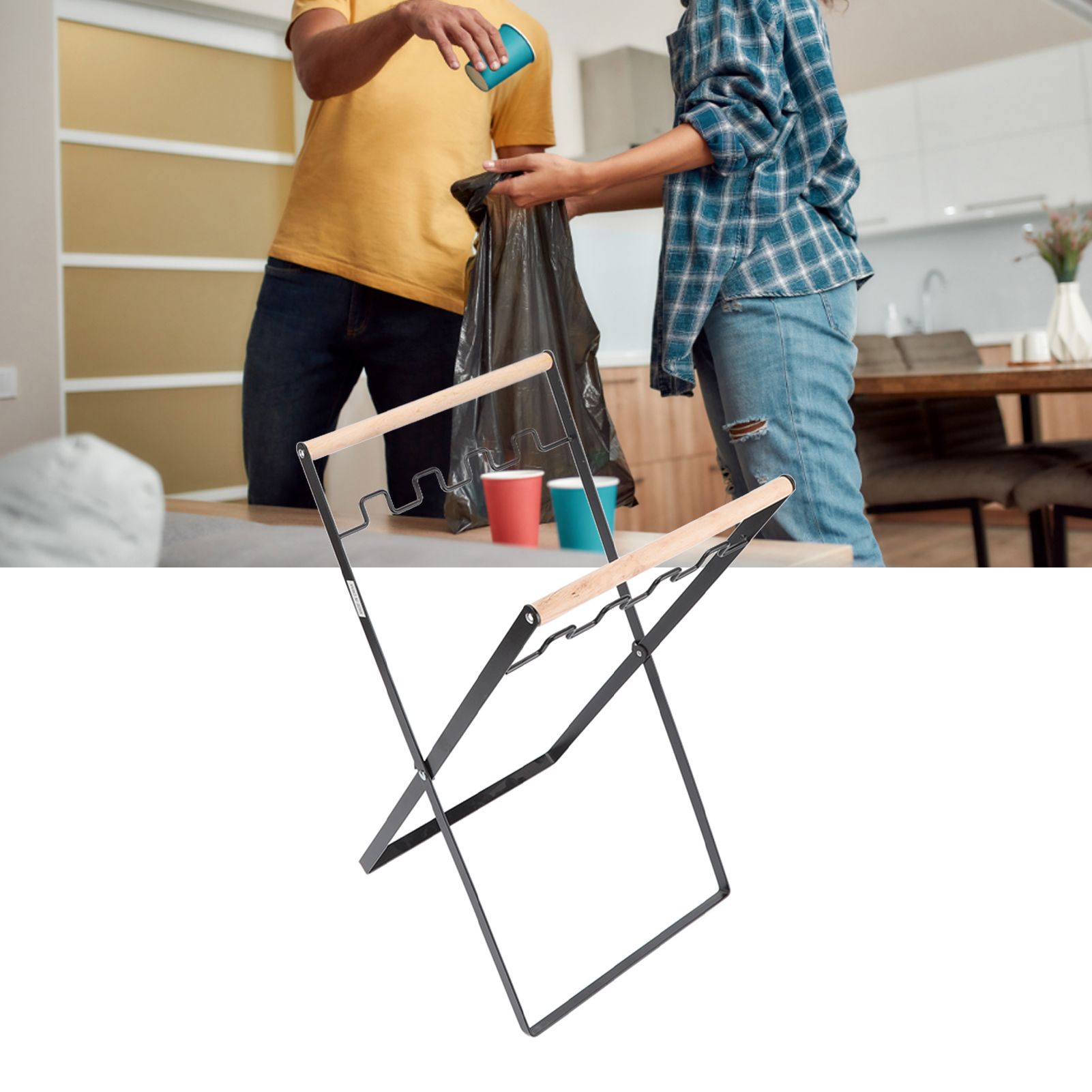 Trash Bag Holder Stand Rubber Wood Handle Iron Stand Flat Appearance Foldable view 11
