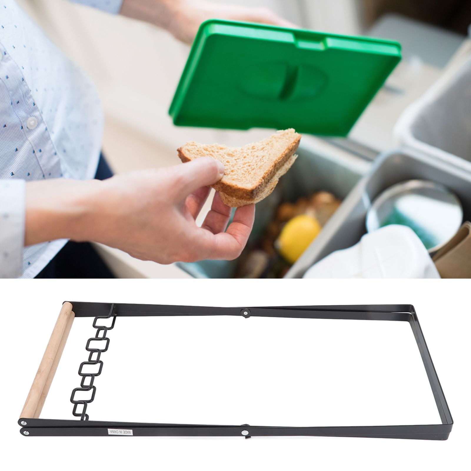 Trash Bag Holder Stand Rubber Wood Handle Iron Stand Flat Appearance Foldable view 12
