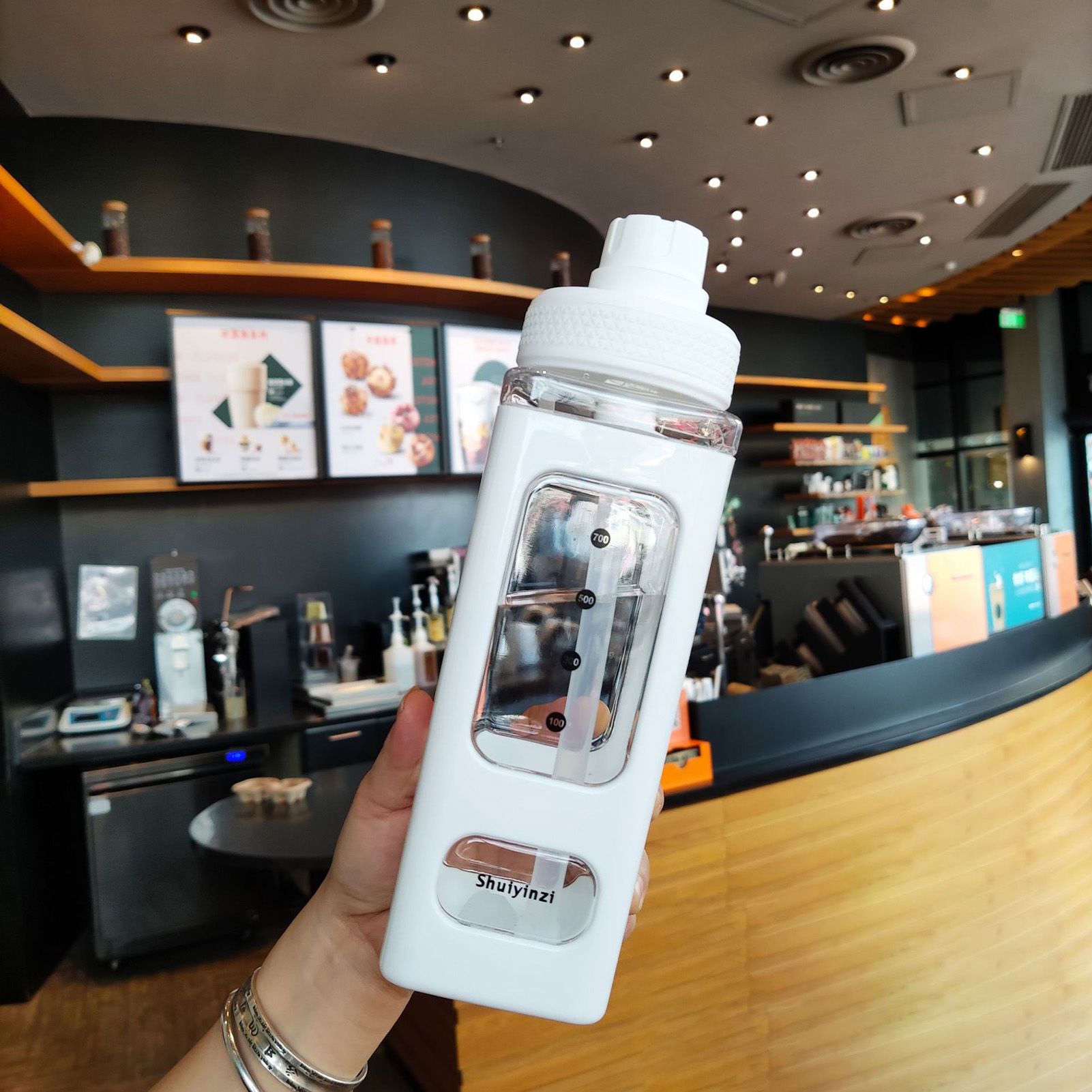 Straw Water Bottle with Marker 700ml Large Capacity Double Layer Water Jug for