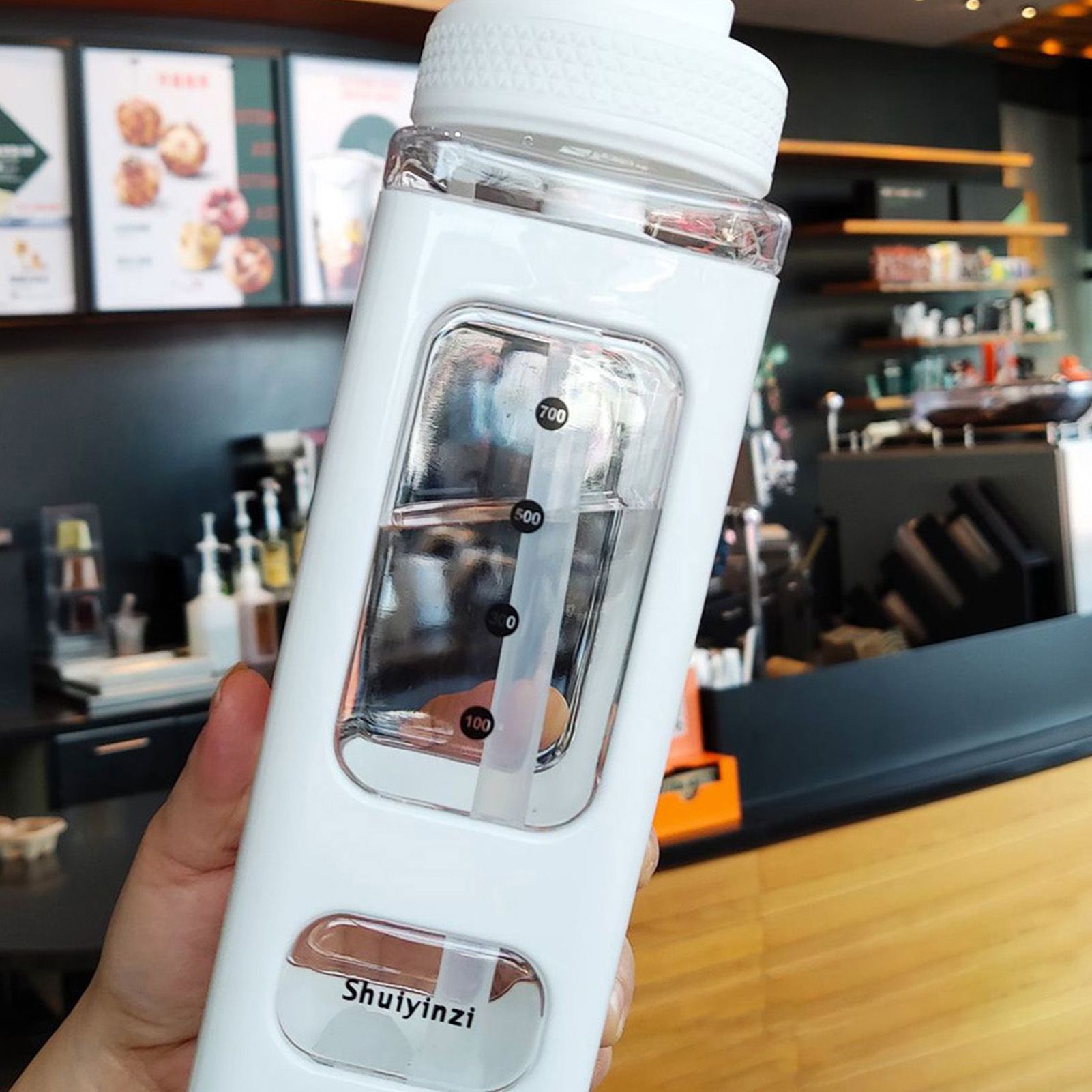 Straw Water Bottle with Marker 700ml Large Capacity Double Layer Water Jug for view 2