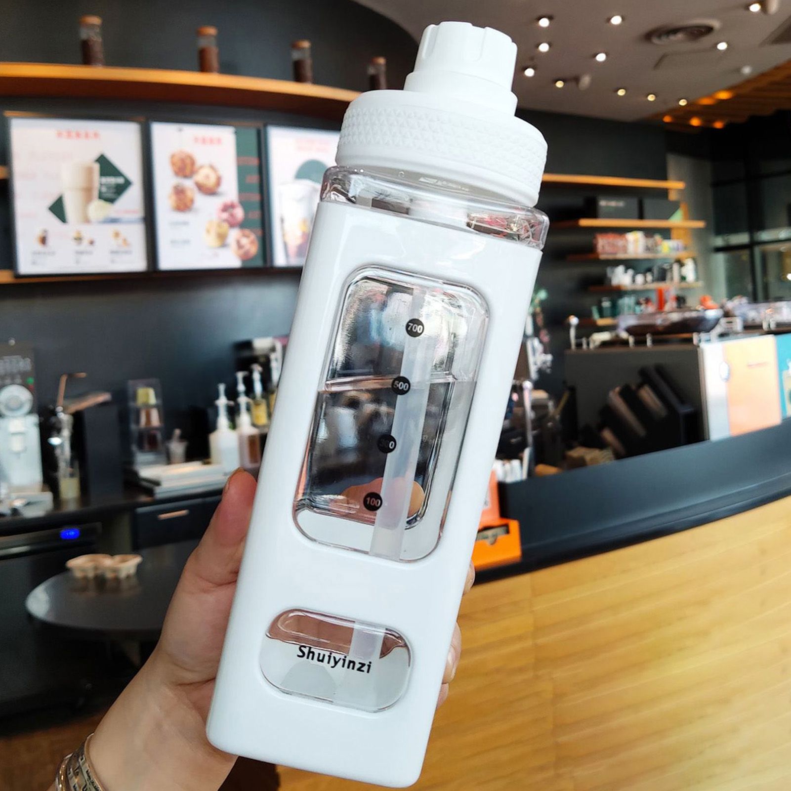 Straw Water Bottle with Marker 700ml Large Capacity Double Layer Water Jug for view 5