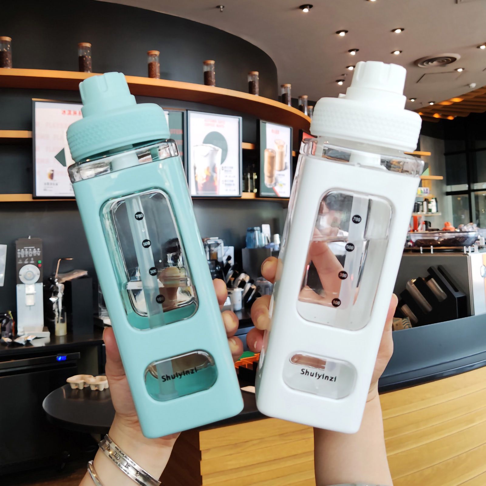 Straw Water Bottle with Marker 700ml Large Capacity Double Layer Water Jug for view 3