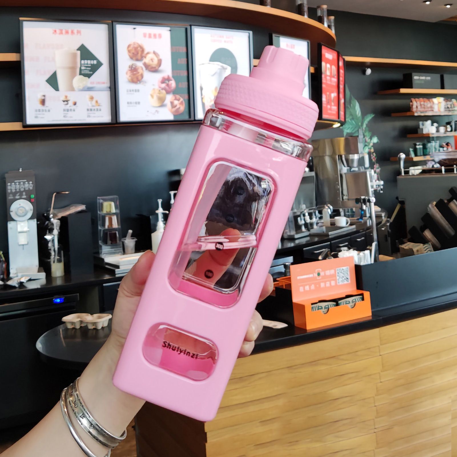Straw Water Bottle with Marker 700ml Large Capacity Double Layer Water Jug for