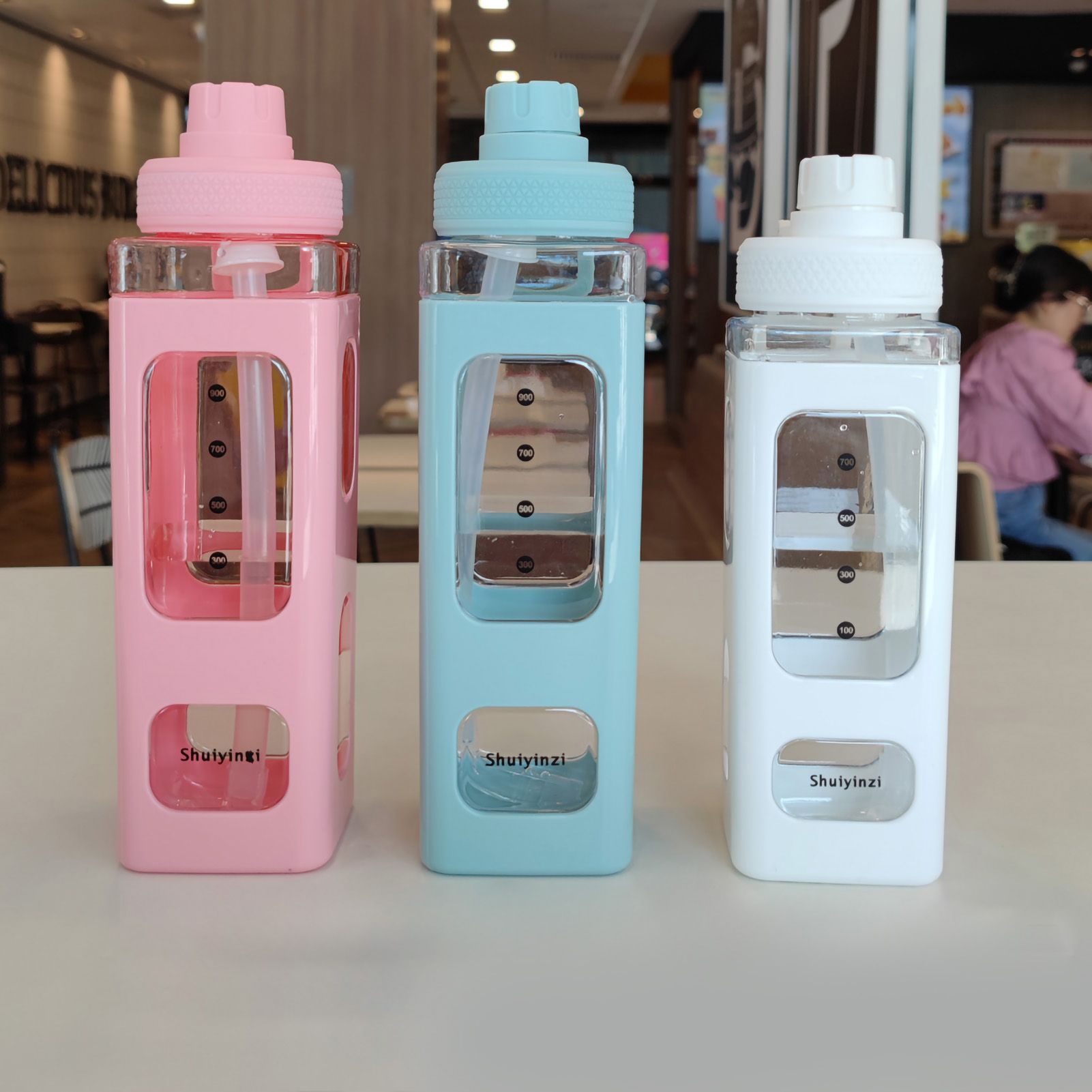 Straw Water Bottle with Marker 700ml Large Capacity Double Layer Water Jug for view 2