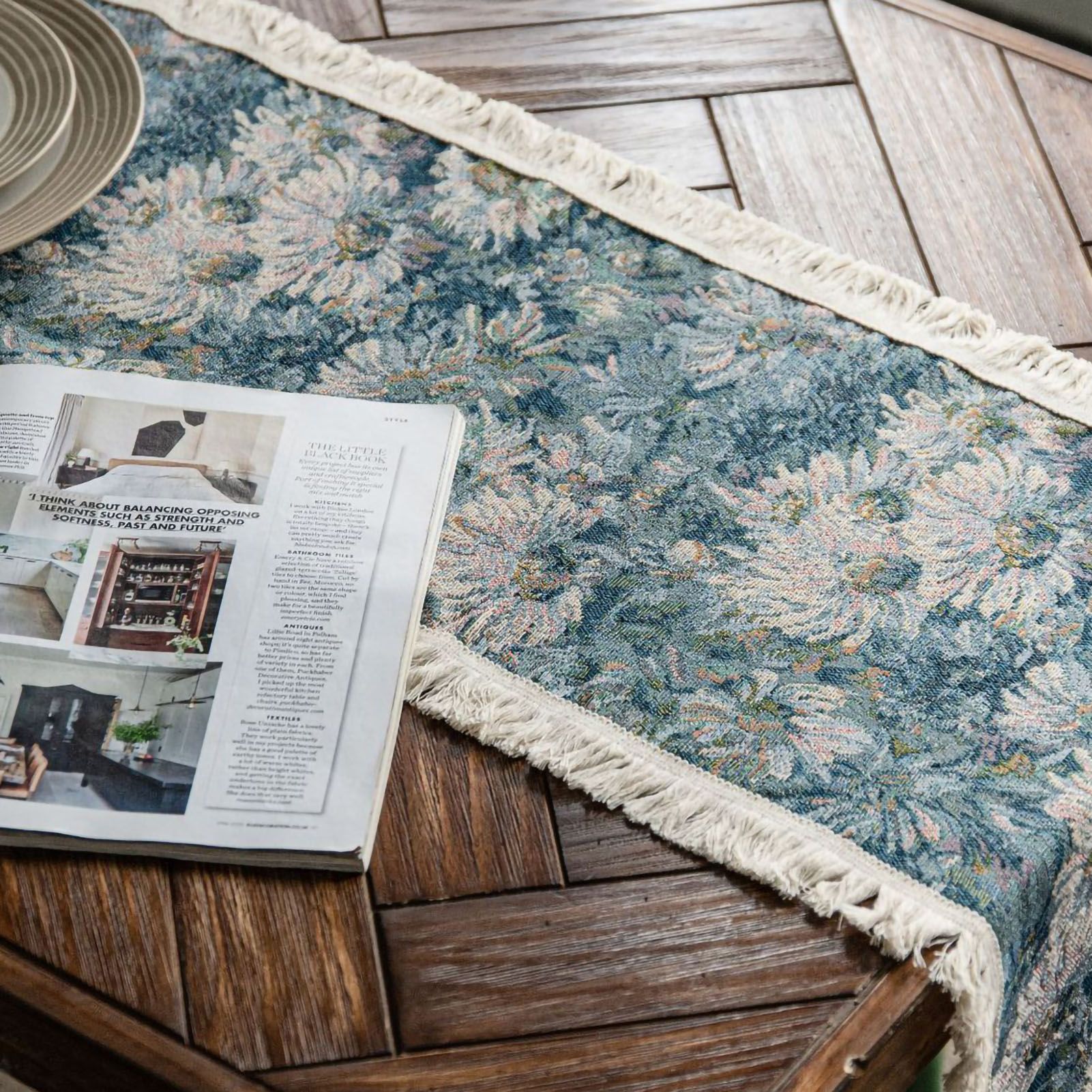 Jute Table Runner Jacquard Sunflower Pattern American Style with Tassels Table view 4