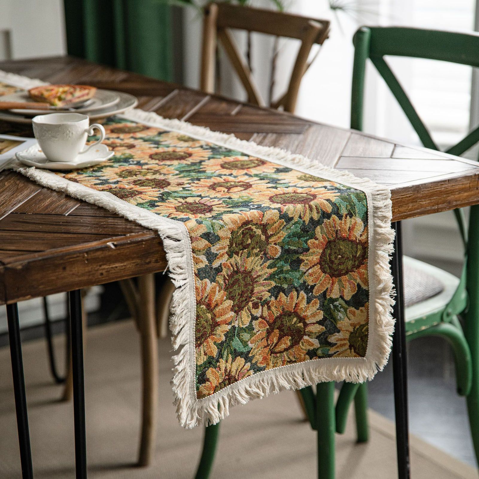 Jute Table Runner Jacquard Sunflower Pattern American Style with Tassels Table
