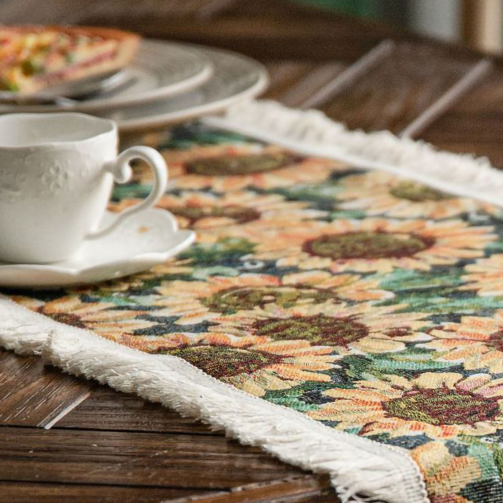 Jute Table Runner Jacquard Sunflower Pattern American Style with Tassels Table view 2