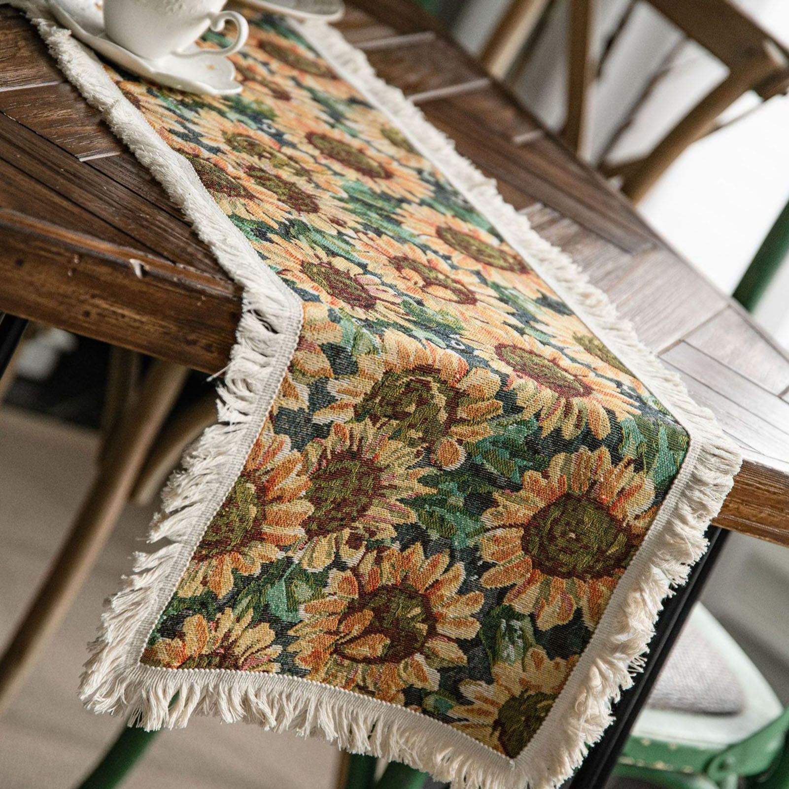 Jute Table Runner Jacquard Sunflower Pattern American Style with Tassels Table view 3