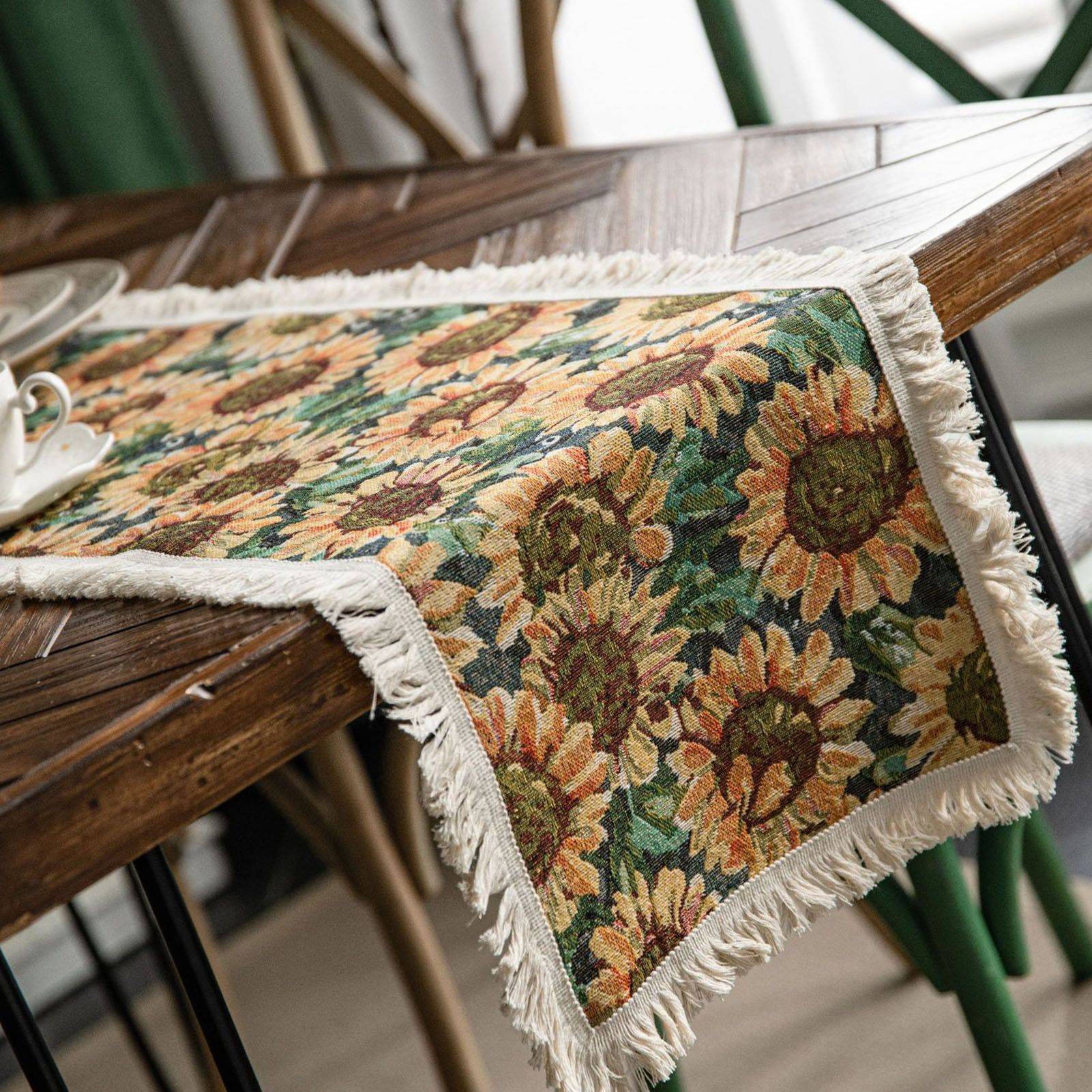 Jute Table Runner Jacquard Sunflower Pattern American Style with Tassels Table view 4