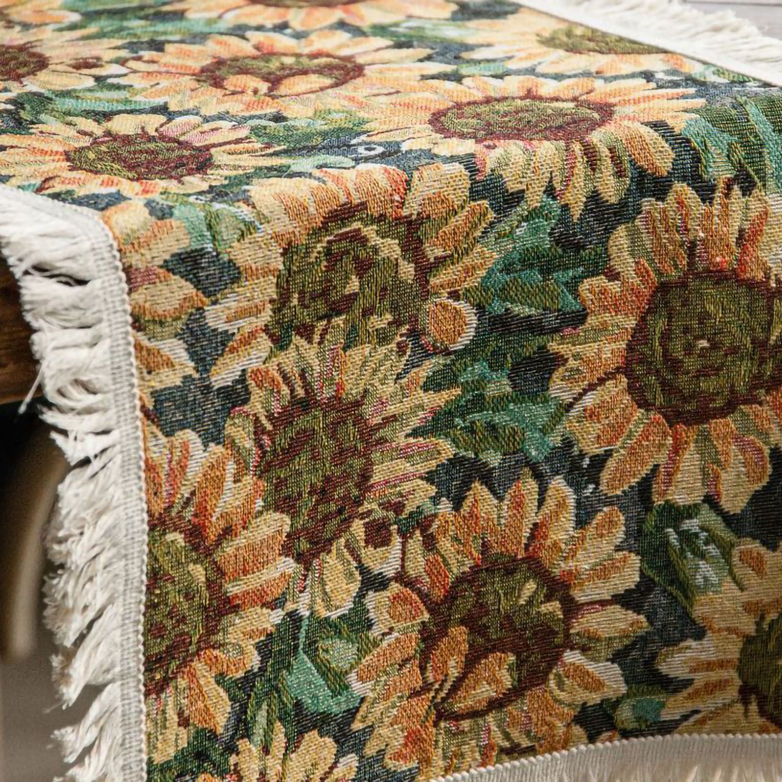 Jute Table Runner Jacquard Sunflower Pattern American Style with Tassels Table view 5