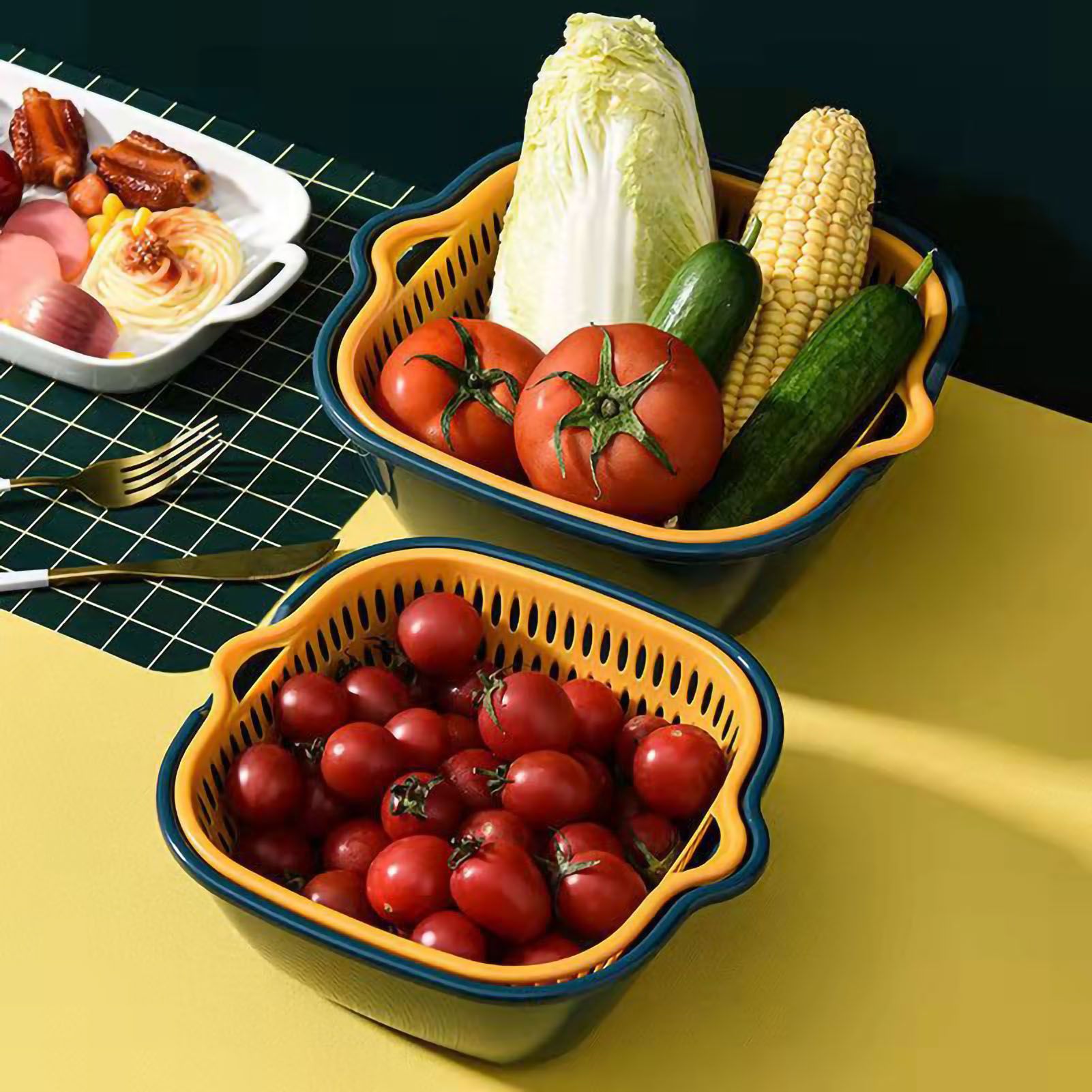 Drain Basket Double Layer Side Handle PP Rapid Draining Thickened Washing view 2