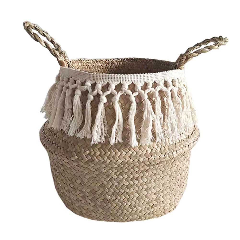 Natural Seagrass Storage Basket Foldable Woven Laundry Basket Handmade Straw