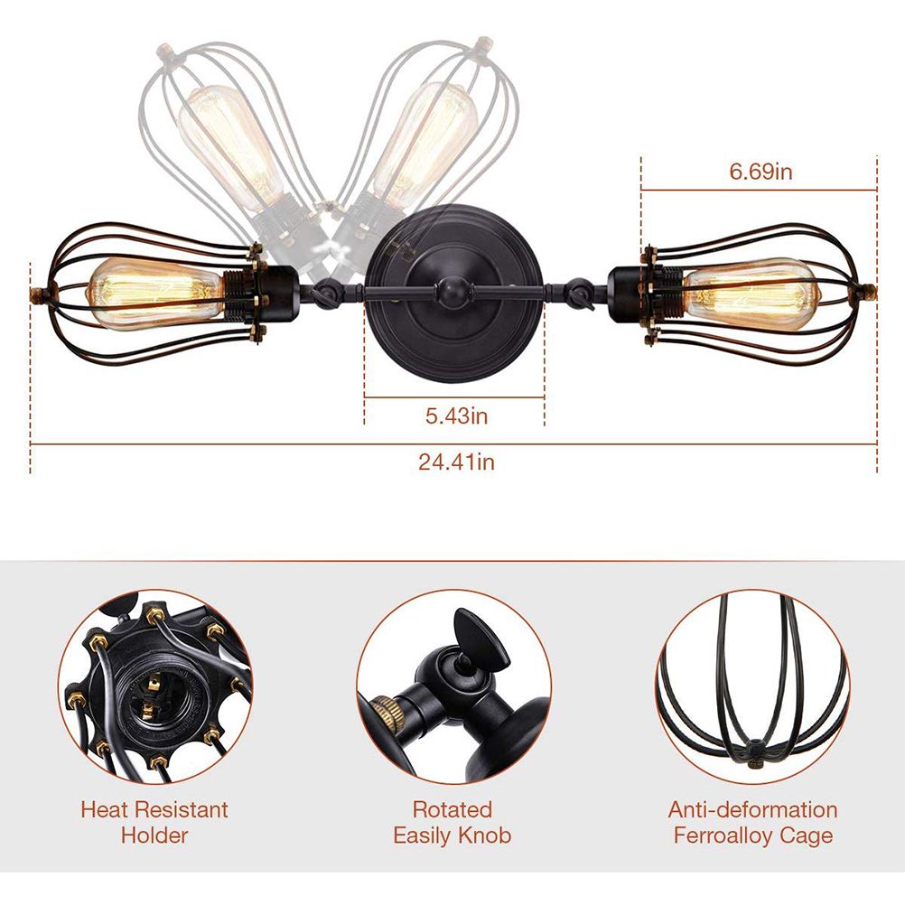 Double Head Wall Sconce Industrial Wire Cage Wall Light Vintage Style Wall Lamp view 4