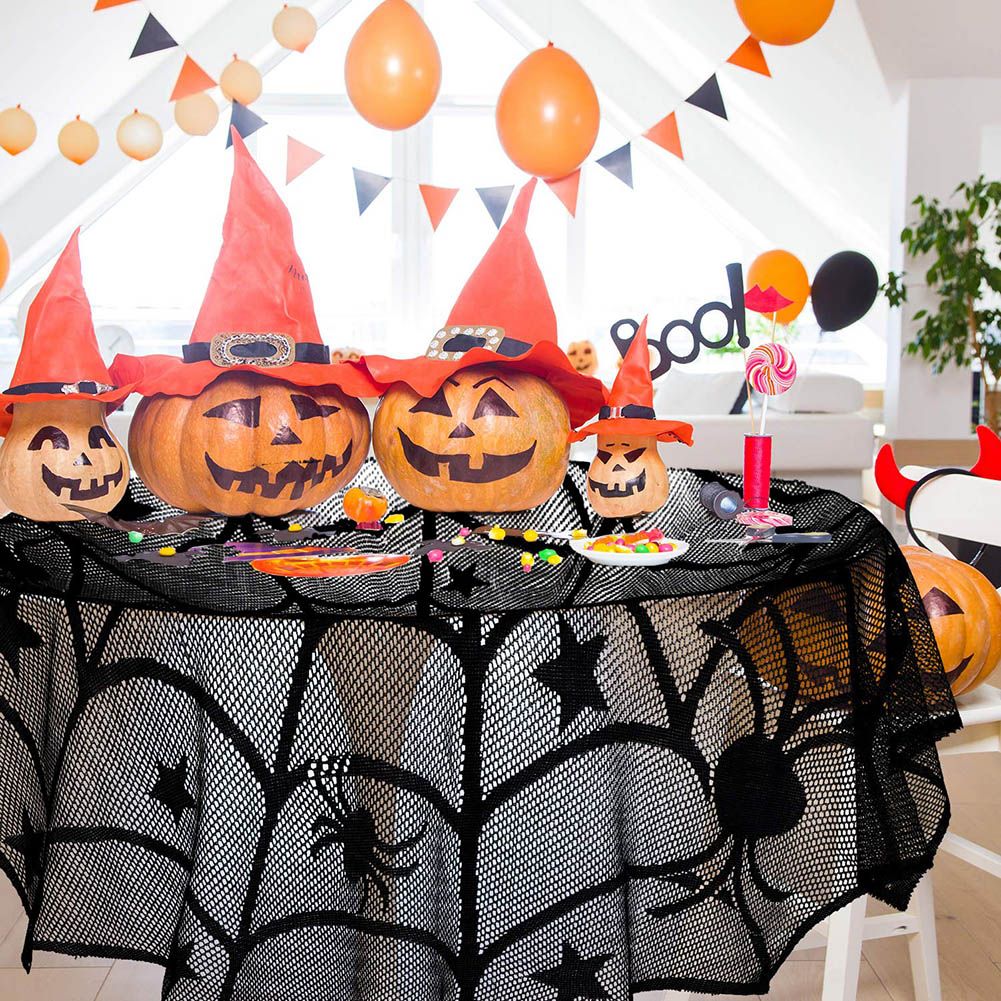 4PCS Halloween Tablecloth Bat Spider Webst Lace Cloth and Lamps Cover view 4
