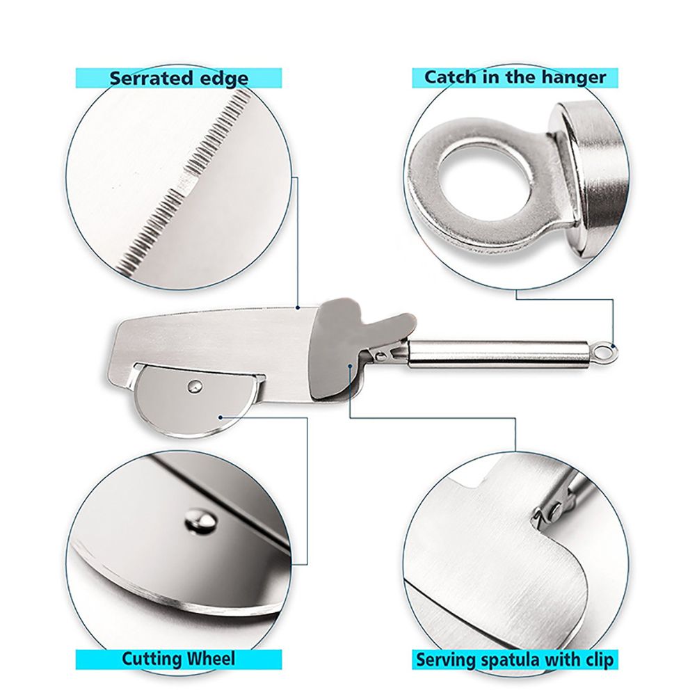 3 in 1 Pizza Cutter Wheel Serrated Edge Serving Spatula with Clip Stainless view 6
