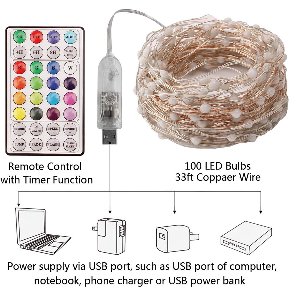 12M Fairy String Lights Remote Control RGB Colors 100 LED Bulbs Copper Wire view 6