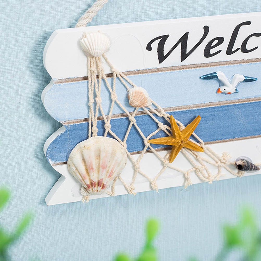 Wooden Mediterranean Ocean Nautical Welcome Sign with Star Fishes Shell for view 5