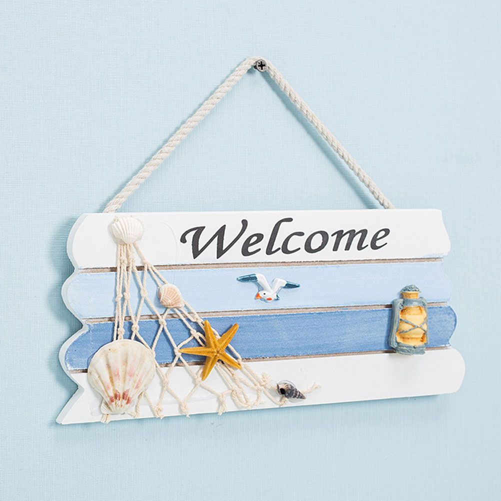 Wooden Mediterranean Ocean Nautical Welcome Sign with Star Fishes Shell for view 7