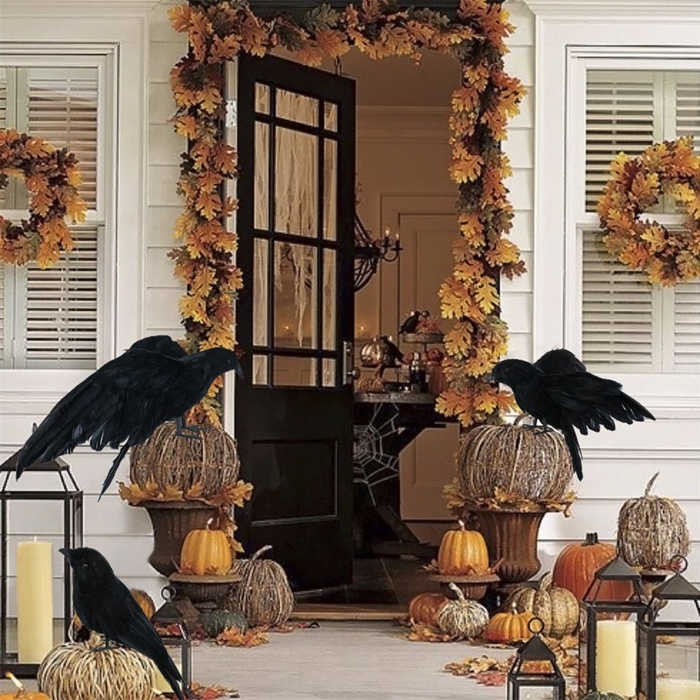 Black Crow Decoration Halloween Realistic Feathered Crows Haunted House Decor view 9