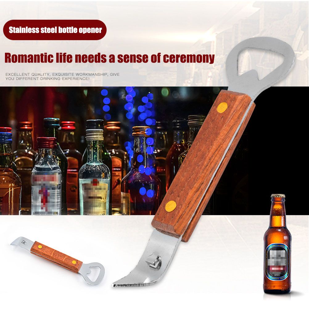 2 PCS Stainless Steel Can Opener Punch Bottle Beer Opener with Wood Handle view 2