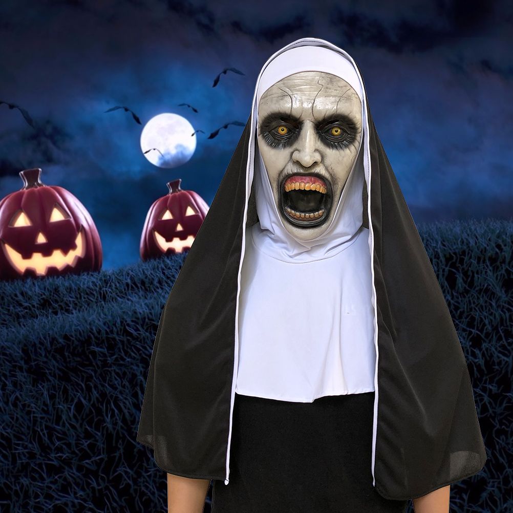 Halloween Nun Horror Mask Cosplay Scary Latex Masks With Headscarf Full Face view 2