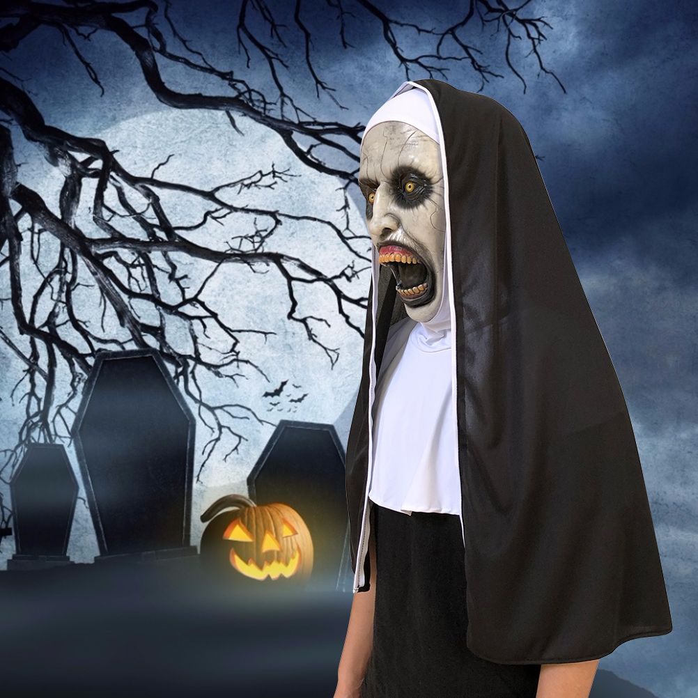 Halloween Nun Horror Mask Cosplay Scary Latex Masks With Headscarf Full Face view 8