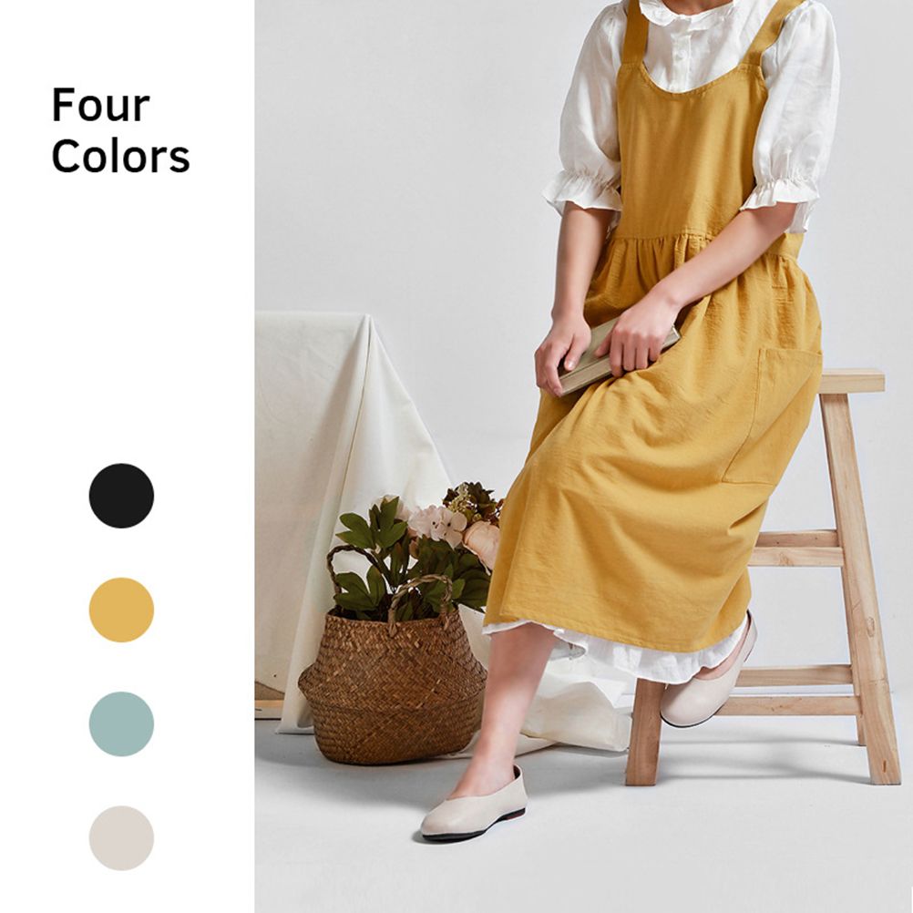 Women Kitchen Cooking Apron with 2 Front Pockets Cotton Linen Apron Coffee