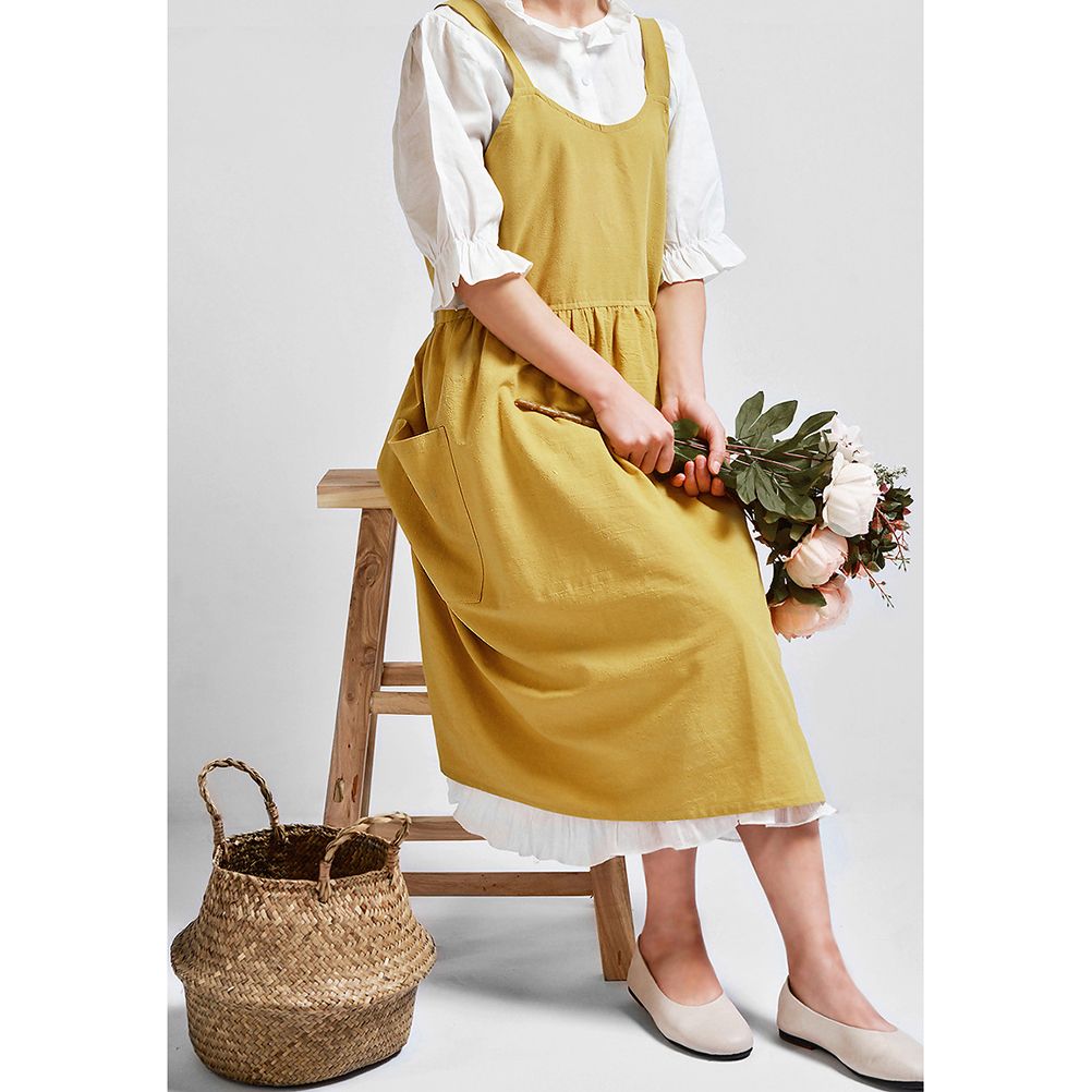 Women Kitchen Cooking Apron with 2 Front Pockets Cotton Linen Apron Coffee view 8