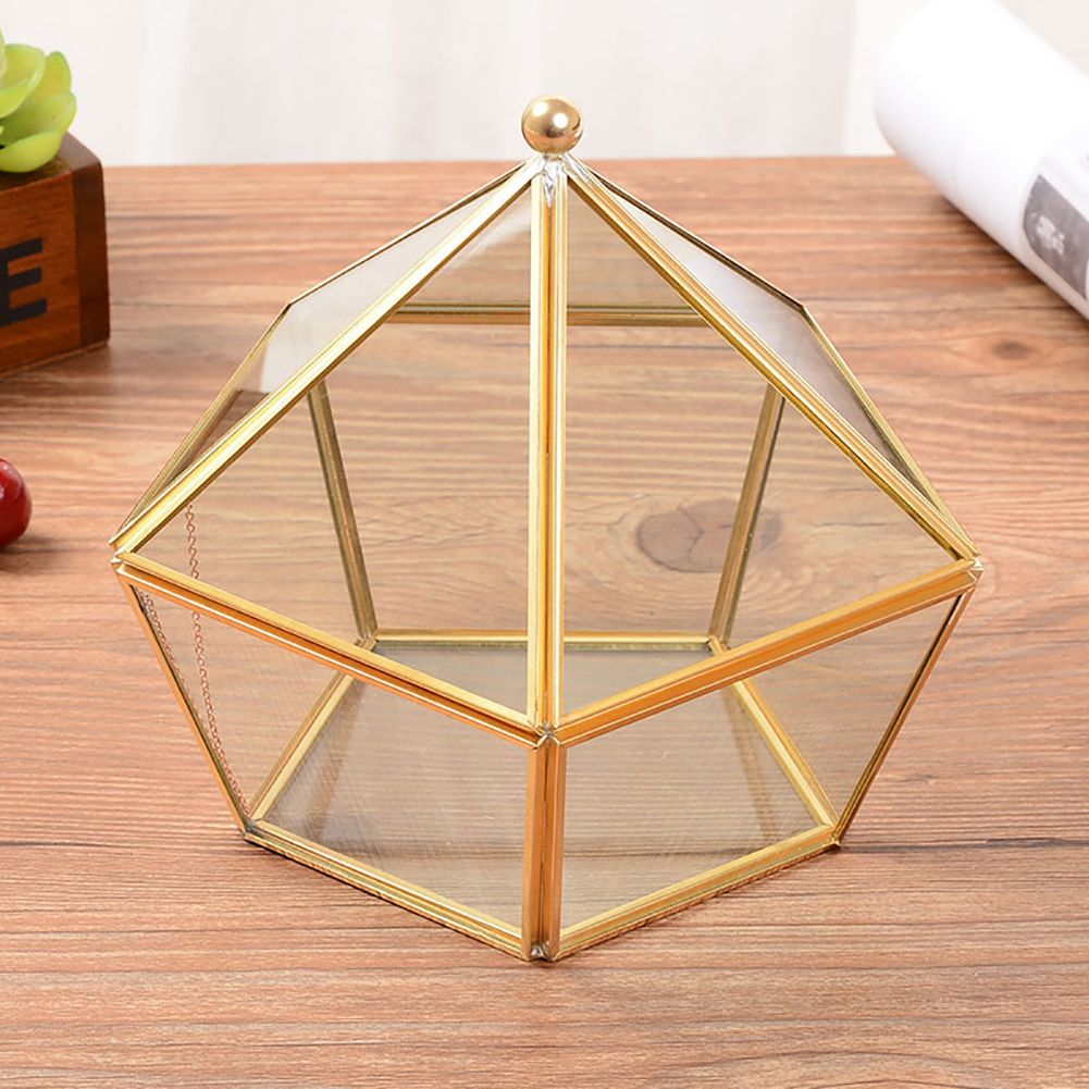 Nodic Pentagon Shape Geometric Transparent Glass Flower Room Glass Ring Box view 3