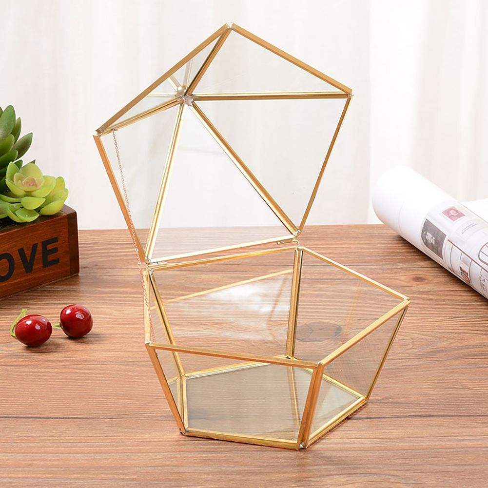 Nodic Pentagon Shape Geometric Transparent Glass Flower Room Glass Ring Box view 6