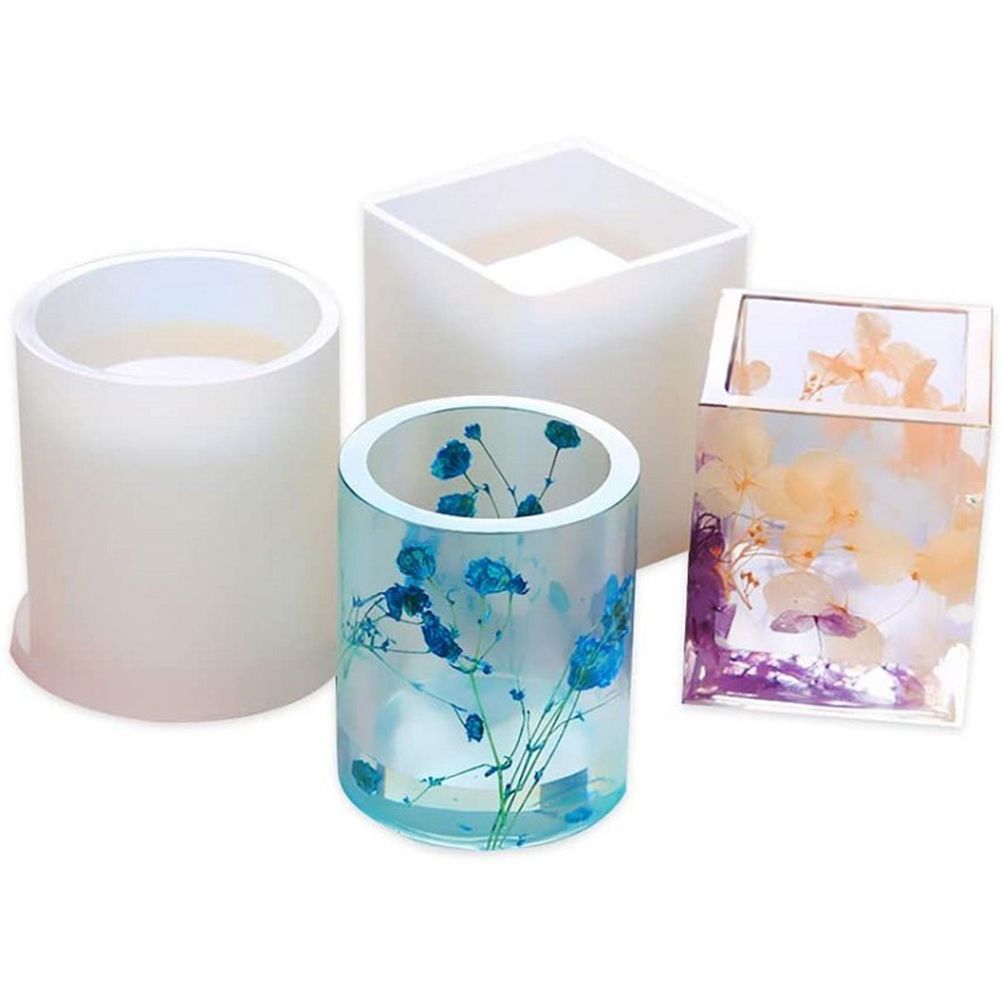 2PCS DIY Silicone Pen Molds Cube and Cylinder Resin Molds Pen Holder Mold for