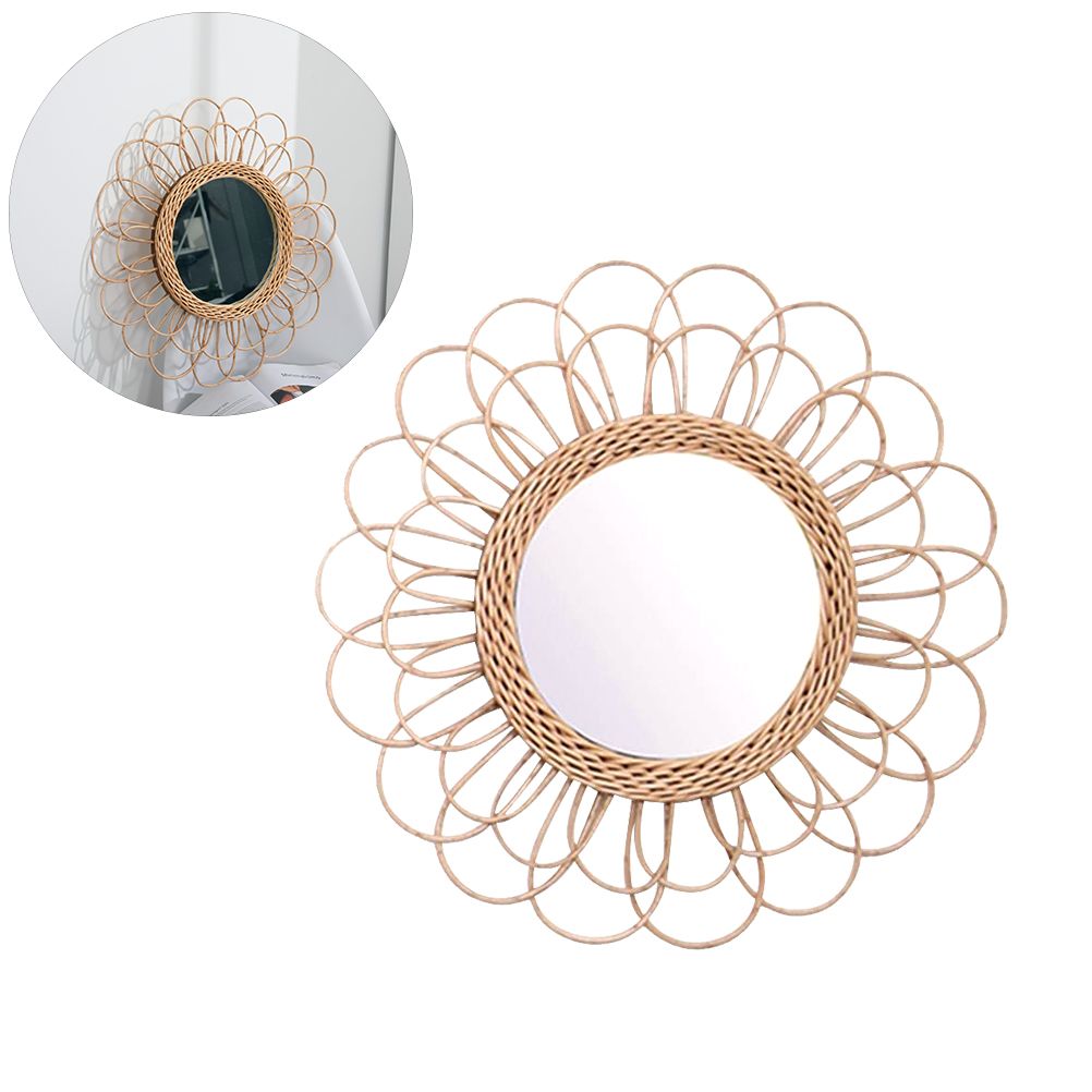 40cm Hanging Mirror Rattan Sunflower Circular Wall Mirror Decor Boho Wicker — image 1