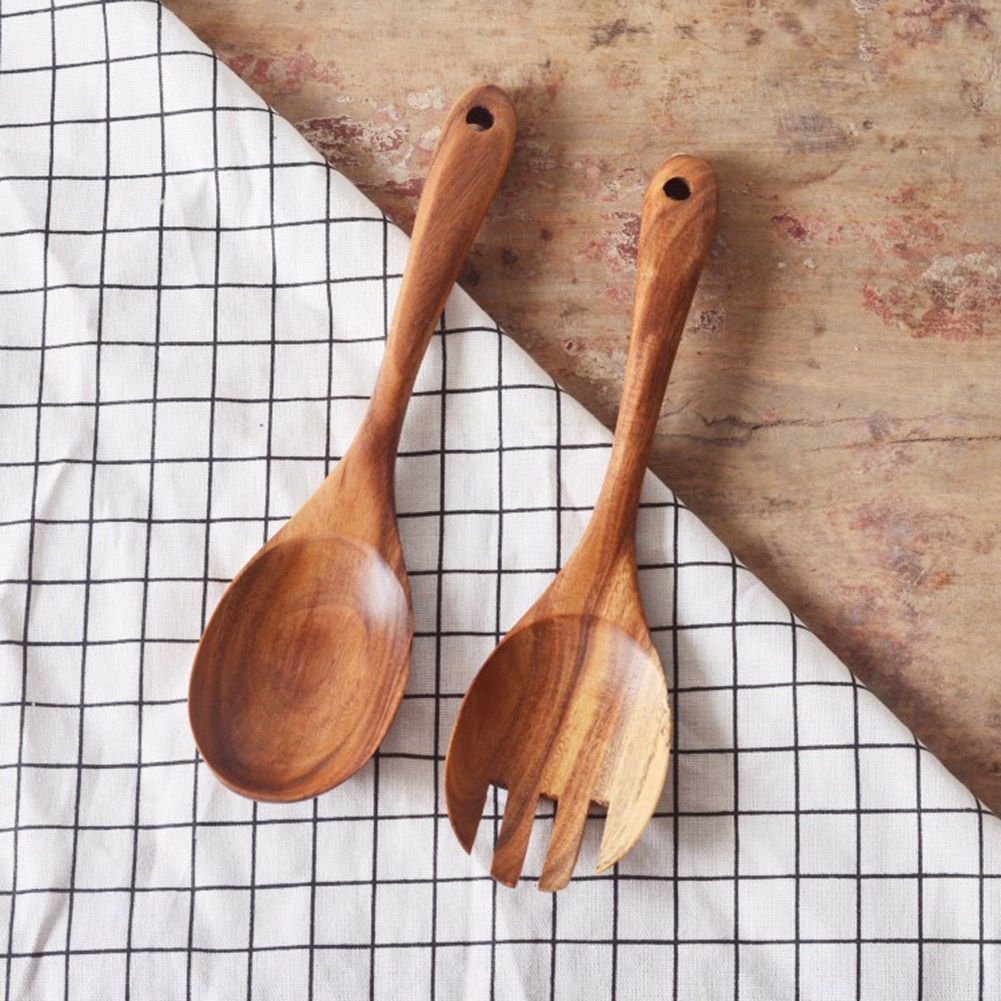 2Pcs/Set Wooden Salad Servers Salad Spoon and Fork Set Cooking Utensils view 6