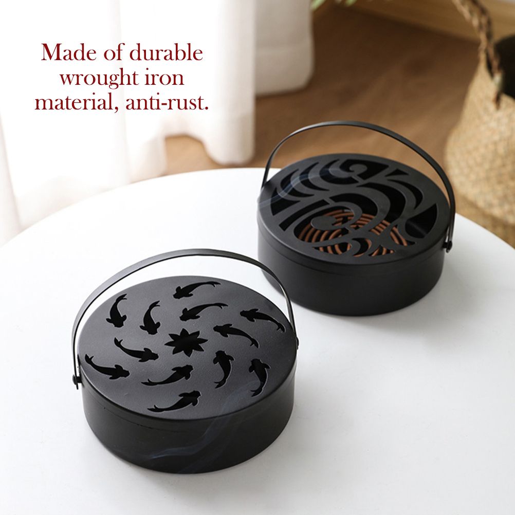 Iron Mosquito Coil Holder Hollow Mosquito Coil Box Round Incense with Handle view 5