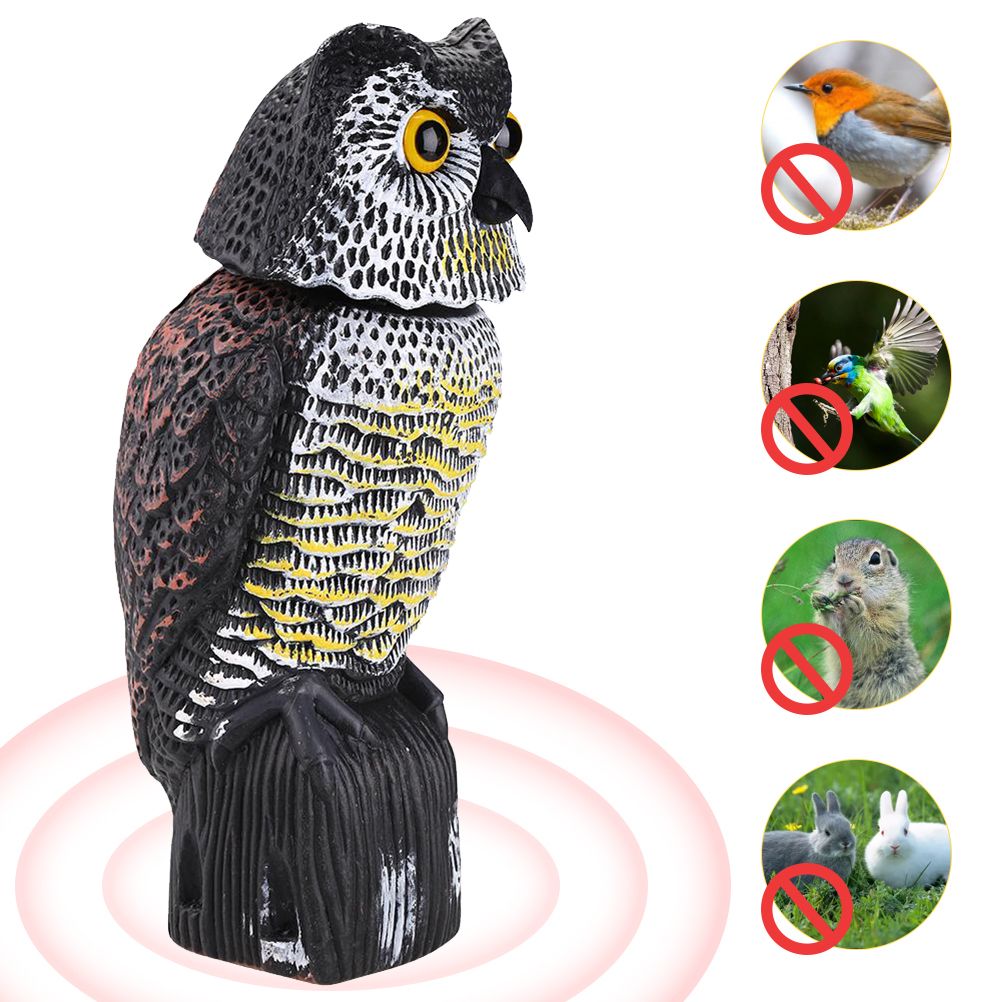 Horned Owl Decoy and 360° Rotating Head Owl Statue to Scare Birds Away for