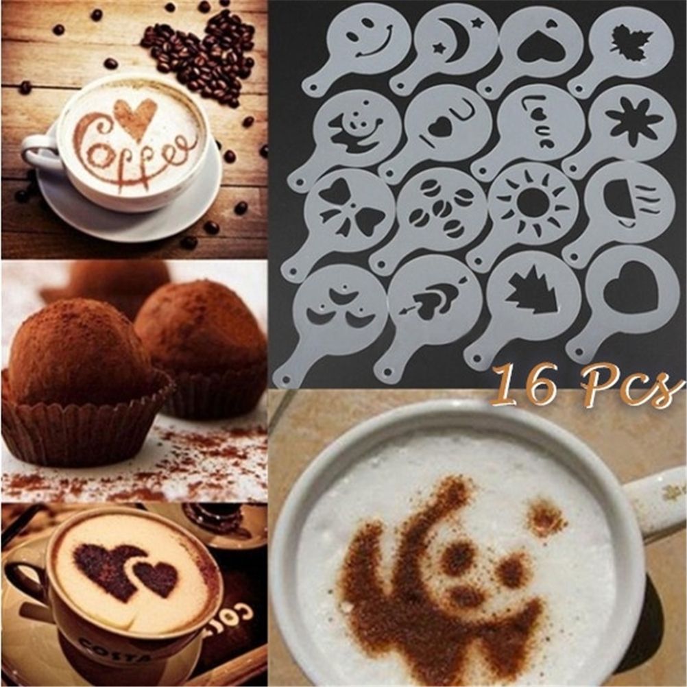 16Pcs Plastic Cappuccino Coffee Foam Spray Template Stencils DIY Decorating view 6