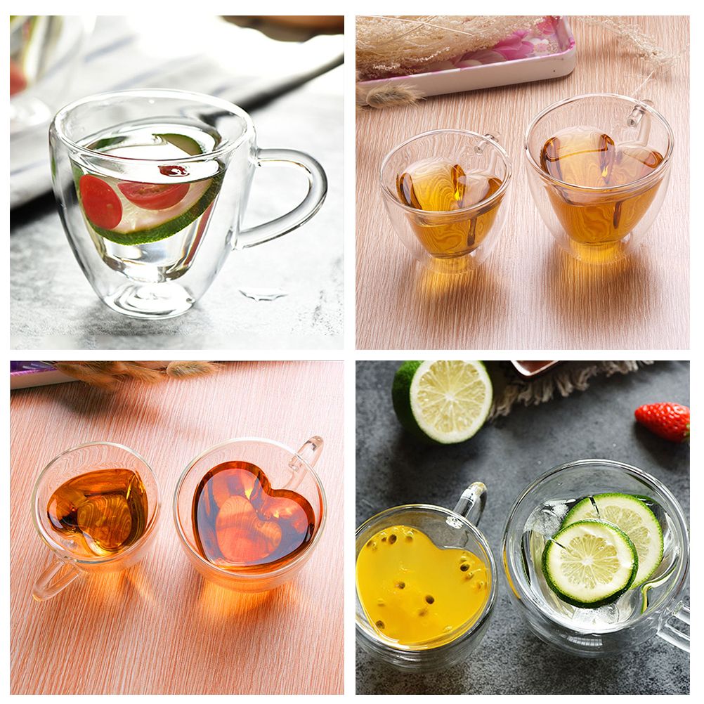 180ml/240ml Heart Shaped Double Wall Glass Mug Heat Resistant Tea Mug view 2