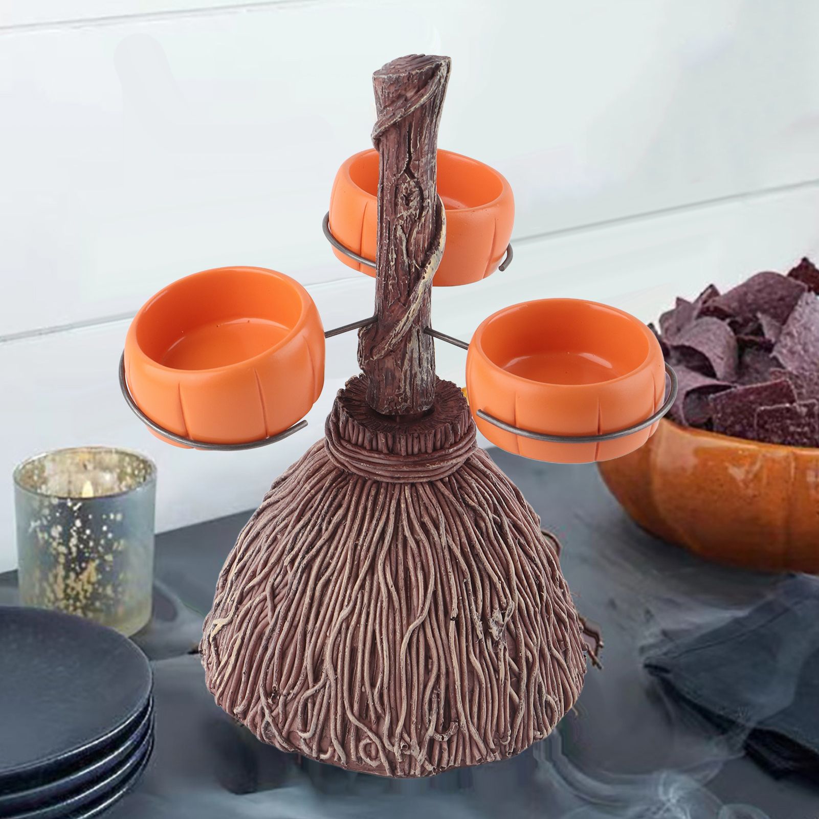 Halloween Resin Pumpkin Bowls On Broom for Serving Snacks Salad Fruit view 5